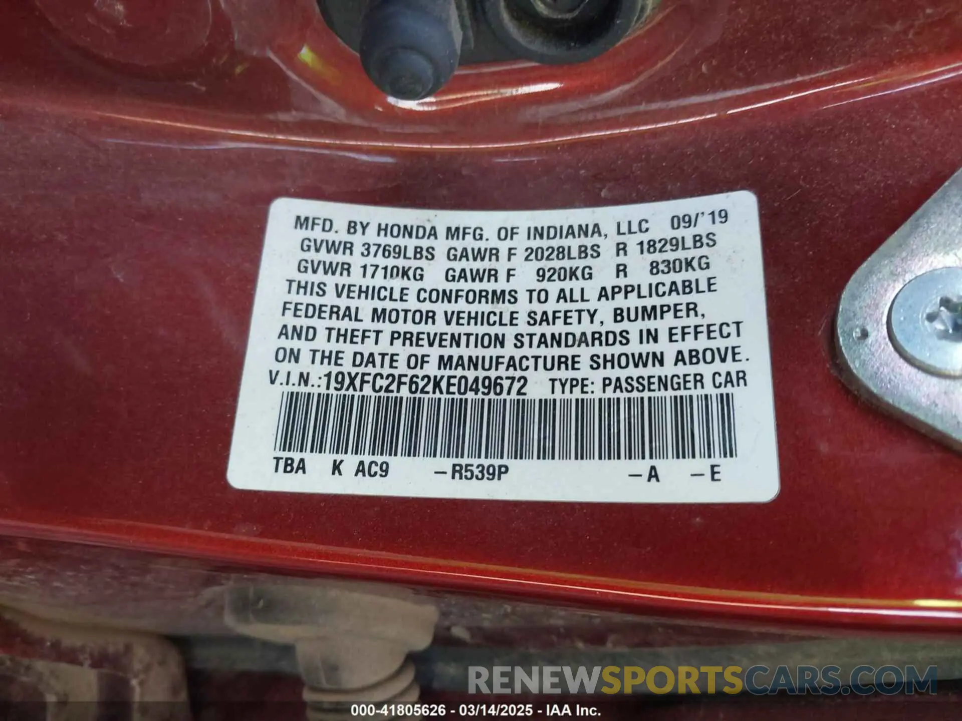 9 Photograph of a damaged car 19XFC2F62KE049672 HONDA CIVIC 2019