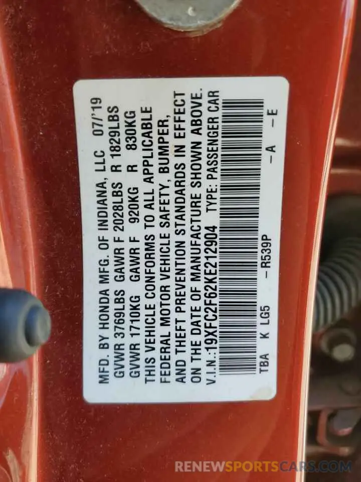12 Photograph of a damaged car 19XFC2F62KE212904 HONDA CIVIC 2019