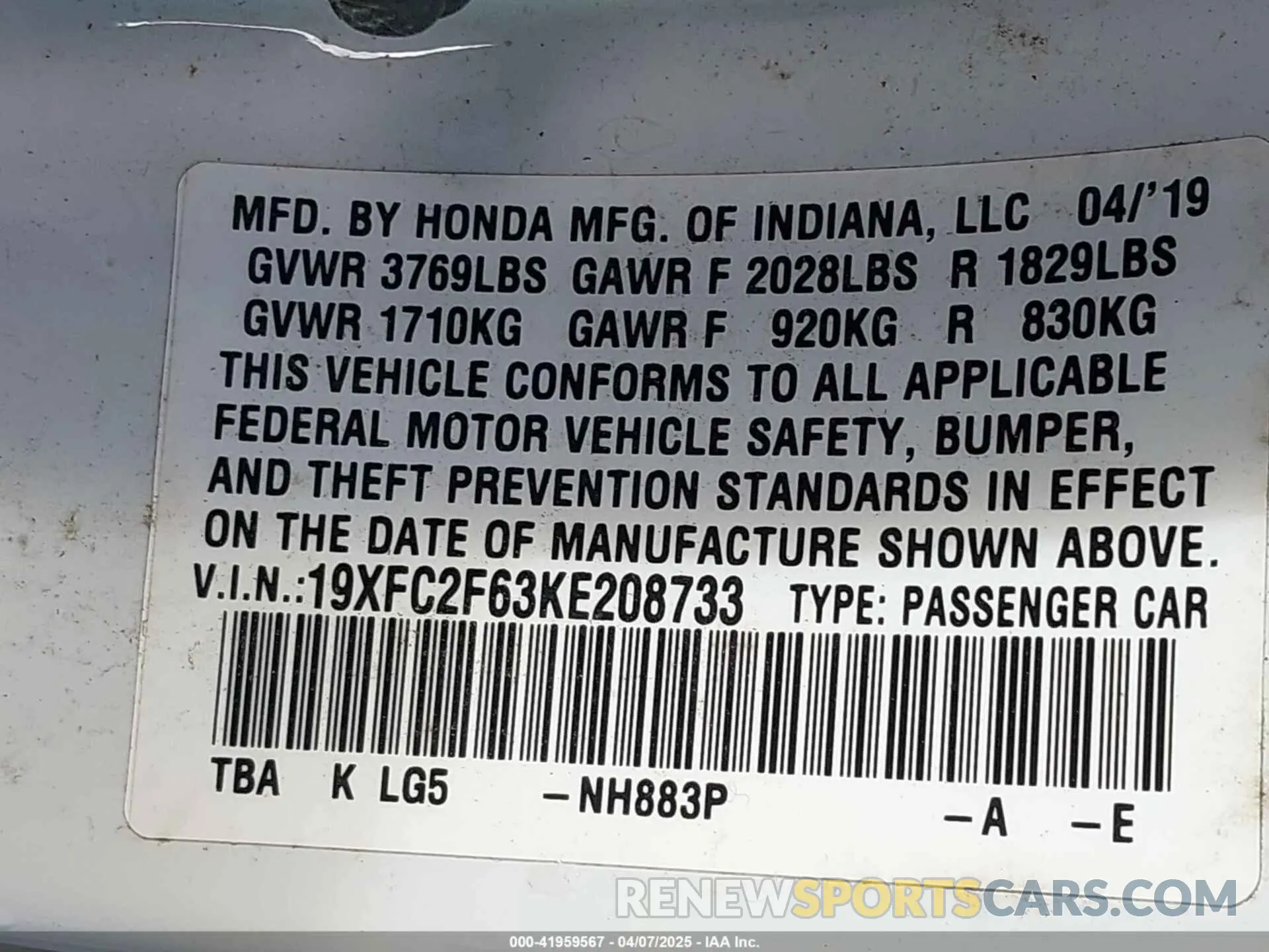 9 Photograph of a damaged car 19XFC2F63KE208733 HONDA CIVIC 2019