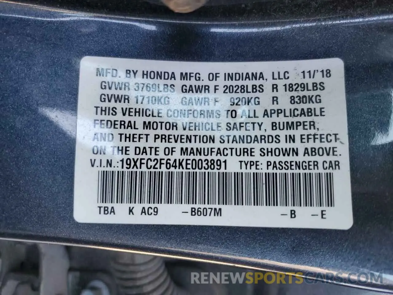 12 Photograph of a damaged car 19XFC2F64KE003891 HONDA CIVIC 2019