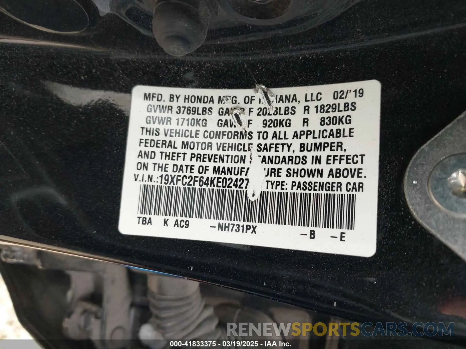 9 Photograph of a damaged car 19XFC2F64KE024272 HONDA CIVIC 2019