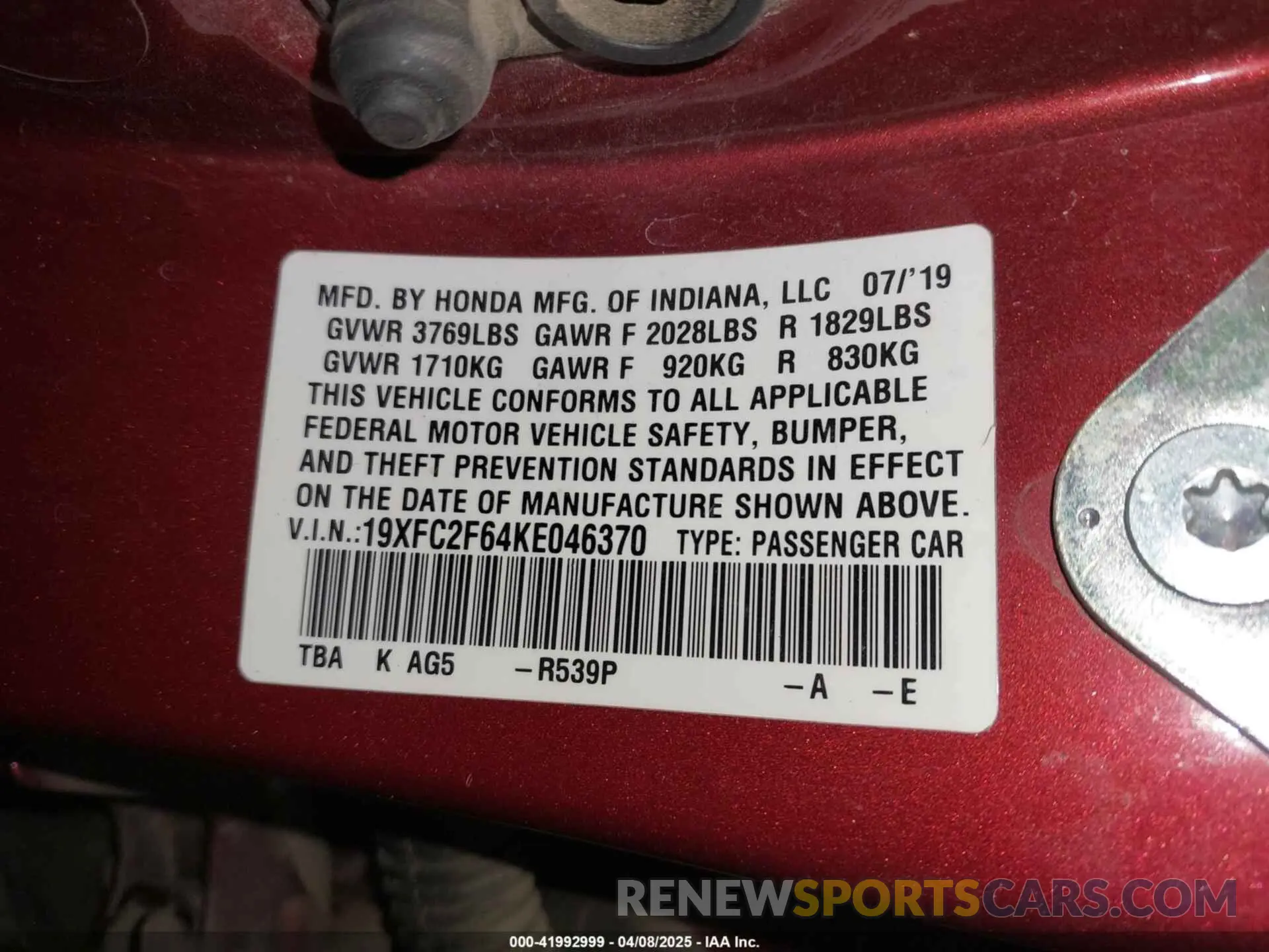 9 Photograph of a damaged car 19XFC2F64KE046370 HONDA CIVIC 2019
