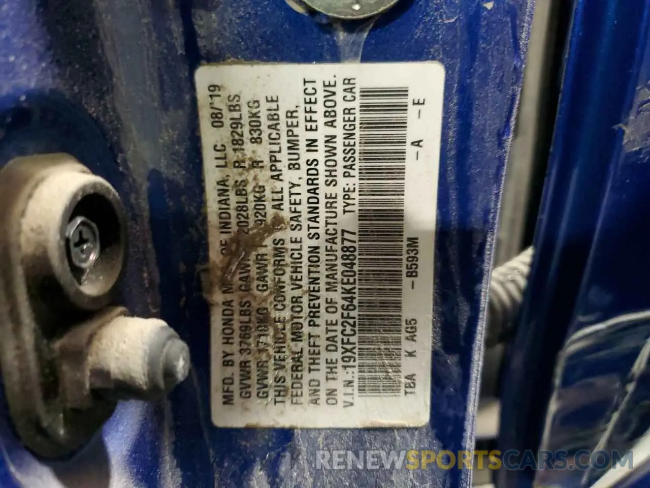 12 Photograph of a damaged car 19XFC2F64KE048877 HONDA CIVIC 2019
