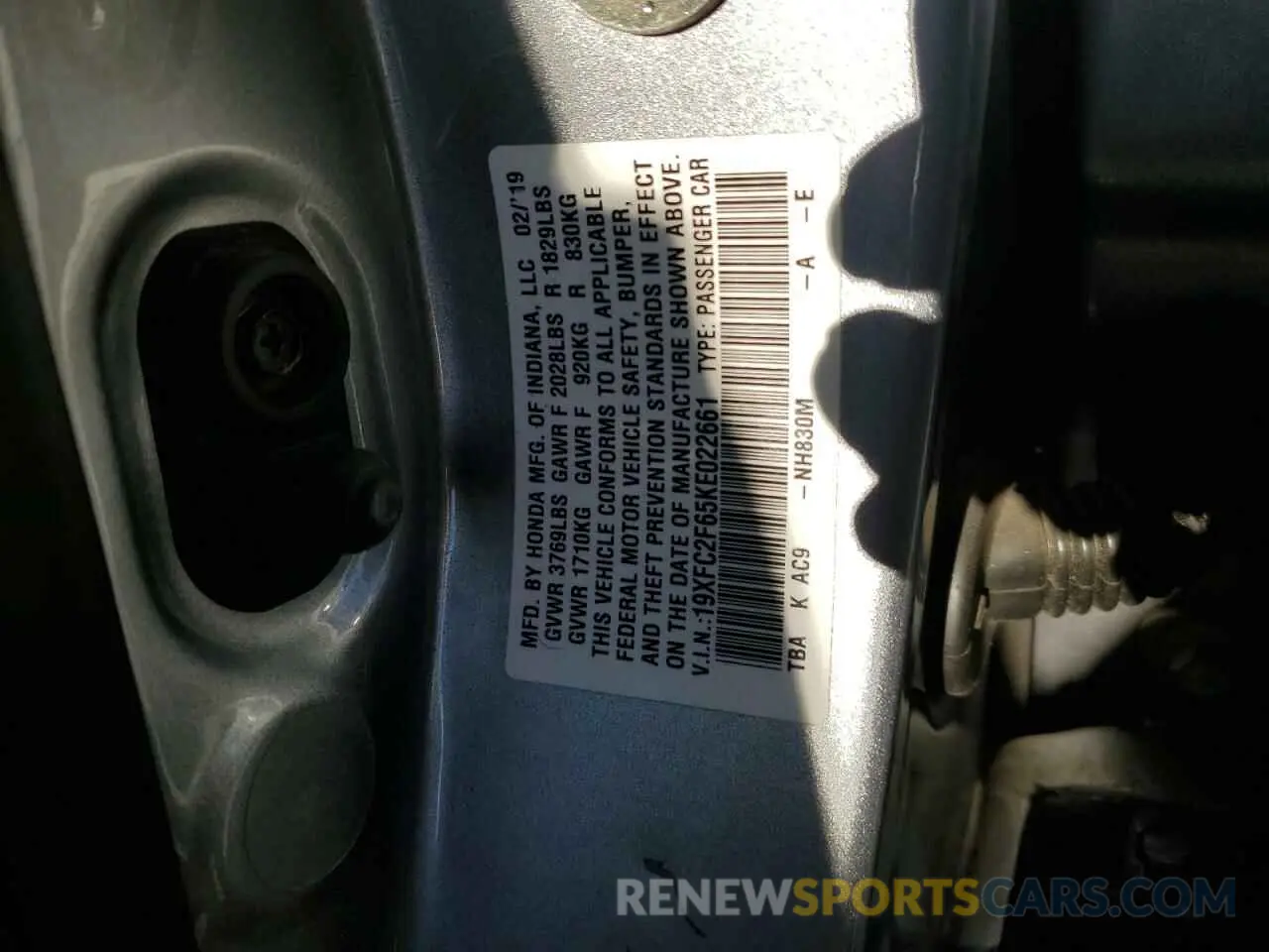 12 Photograph of a damaged car 19XFC2F65KE022661 HONDA CIVIC 2019