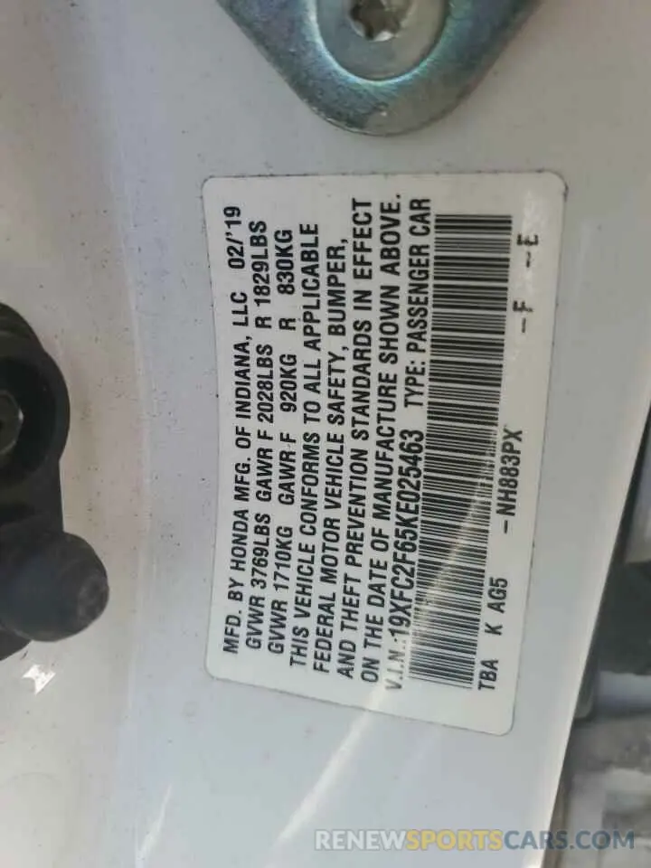13 Photograph of a damaged car 19XFC2F65KE025463 HONDA CIVIC 2019