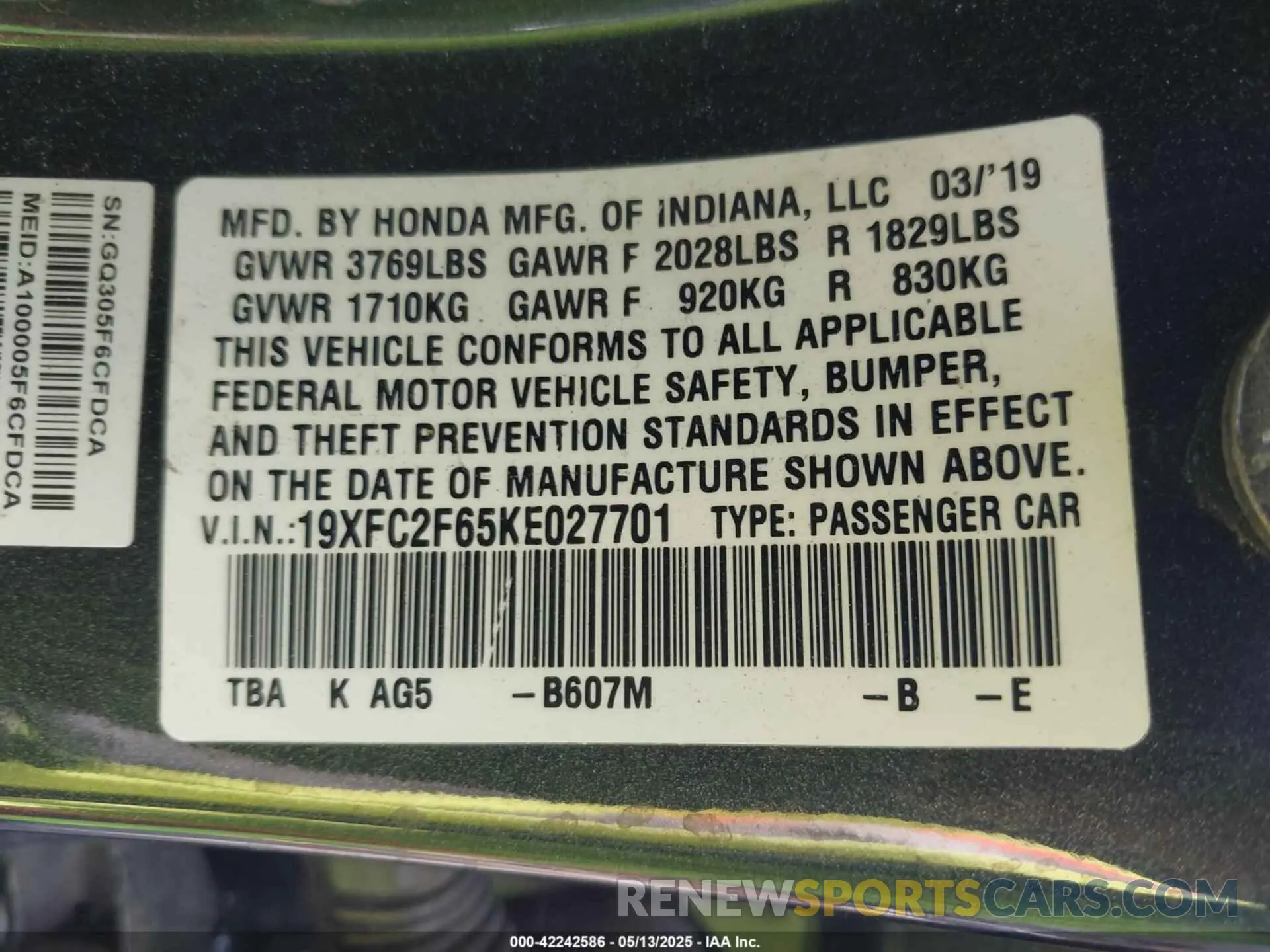 9 Photograph of a damaged car 19XFC2F65KE027701 HONDA CIVIC 2019