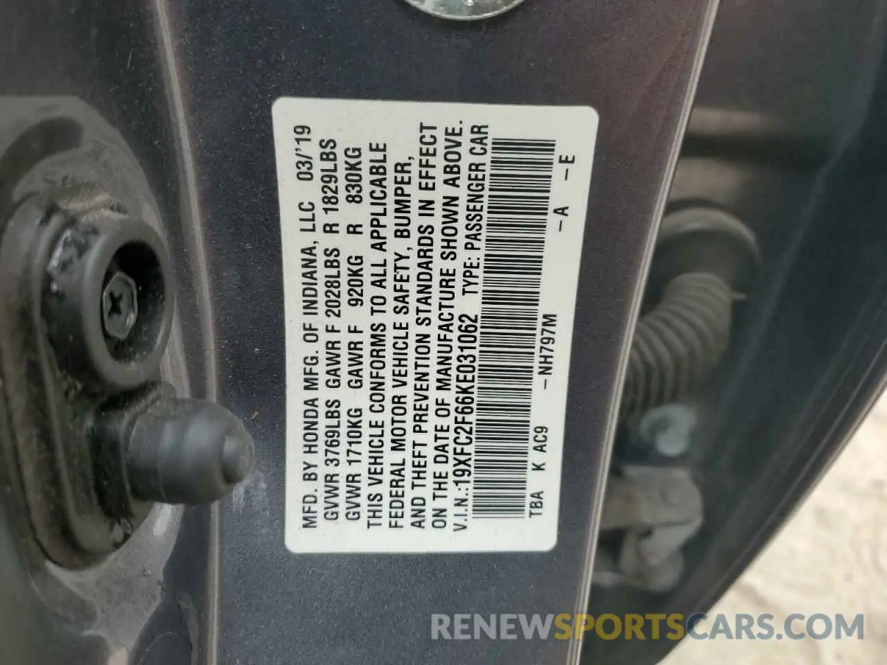 12 Photograph of a damaged car 19XFC2F66KE031062 HONDA CIVIC 2019