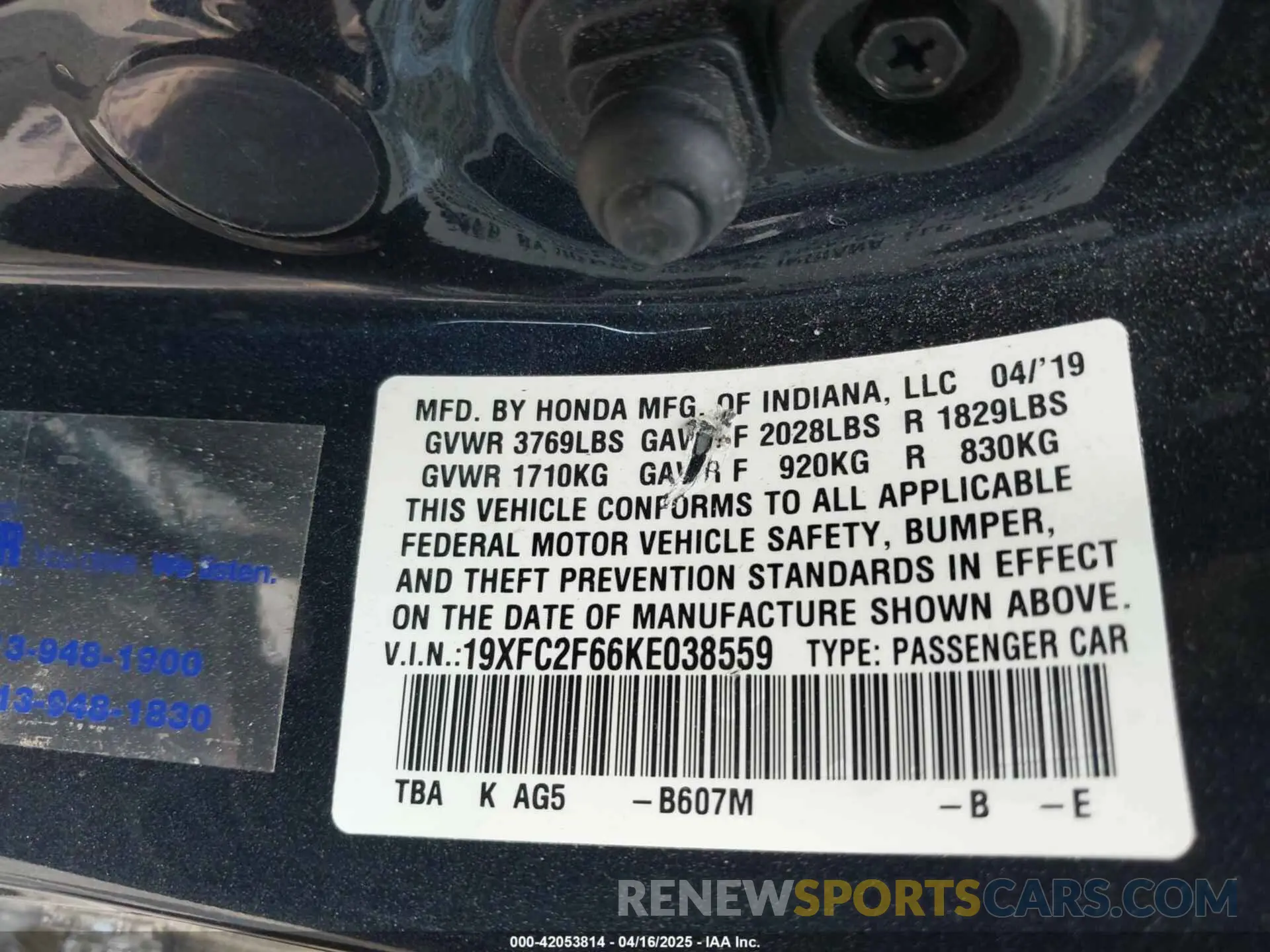 9 Photograph of a damaged car 19XFC2F66KE038559 HONDA CIVIC 2019