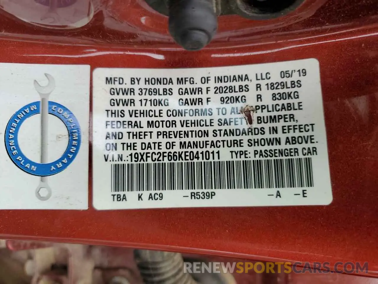 12 Photograph of a damaged car 19XFC2F66KE041011 HONDA CIVIC 2019