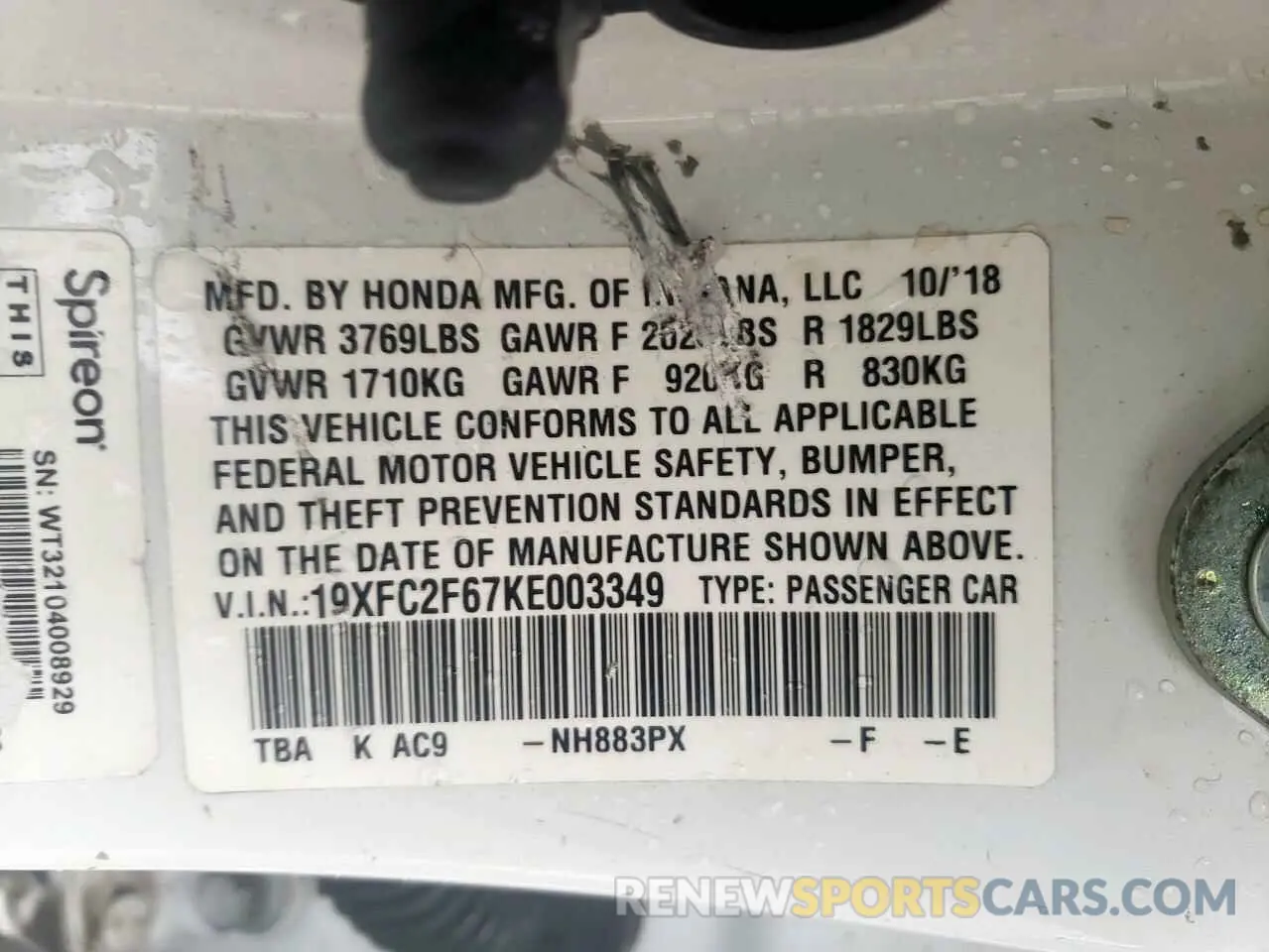 13 Photograph of a damaged car 19XFC2F67KE003349 HONDA CIVIC 2019