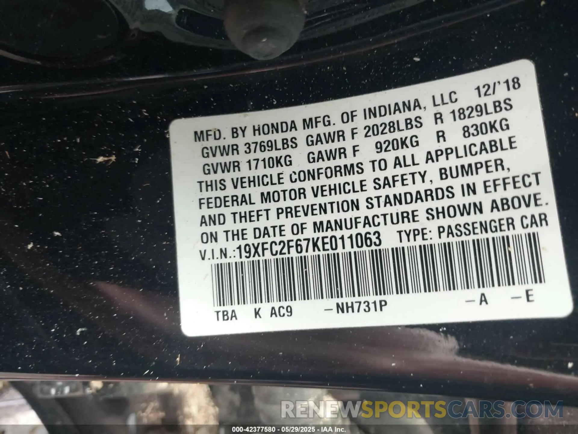 9 Photograph of a damaged car 19XFC2F67KE011063 HONDA CIVIC 2019