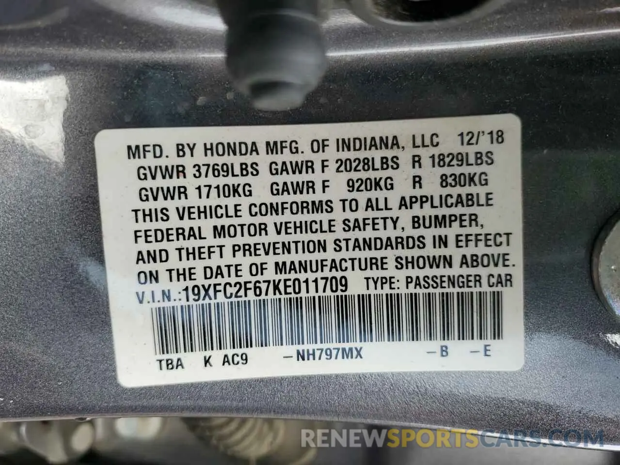 12 Photograph of a damaged car 19XFC2F67KE011709 HONDA CIVIC 2019