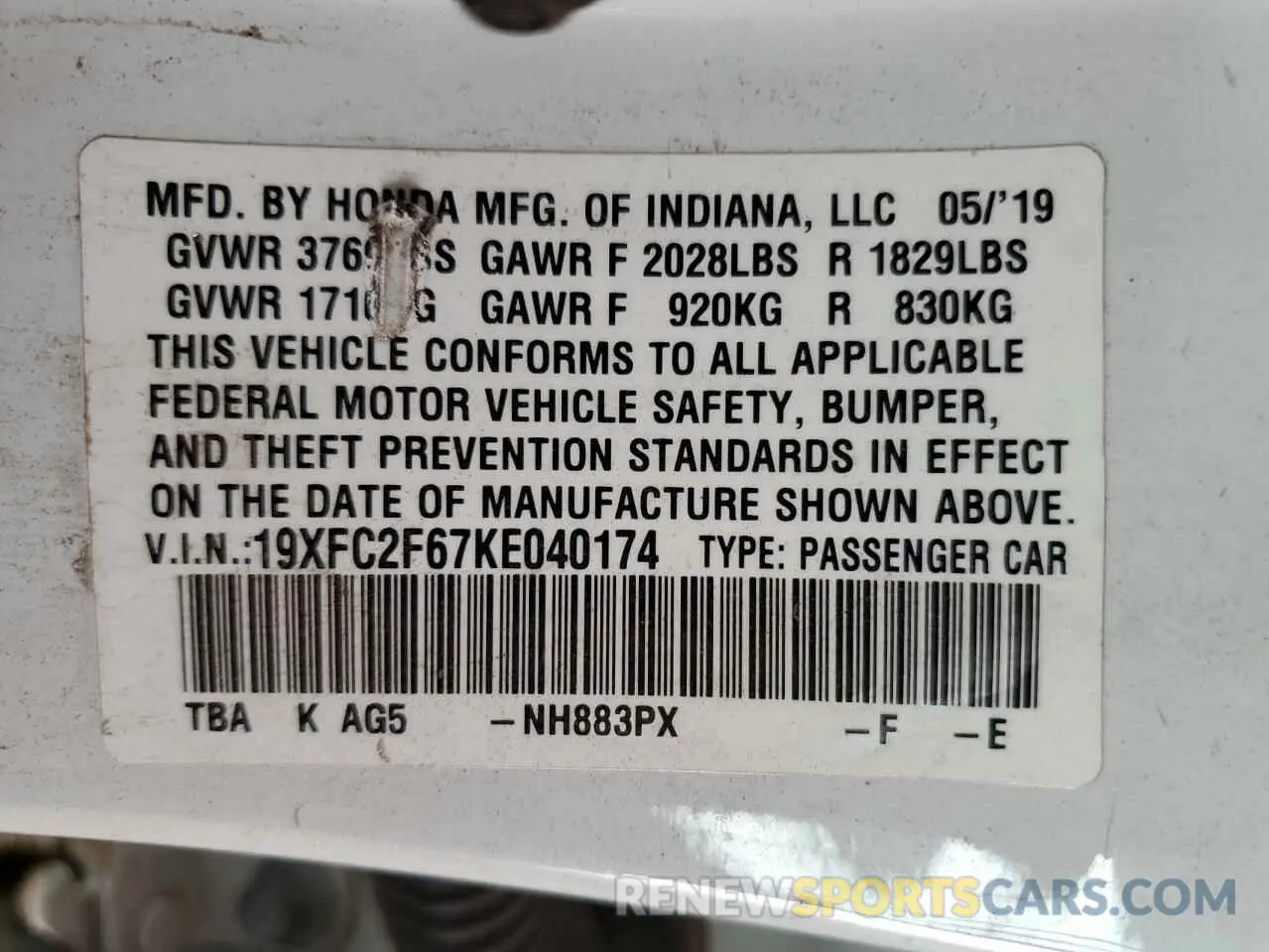 12 Photograph of a damaged car 19XFC2F67KE040174 HONDA CIVIC 2019