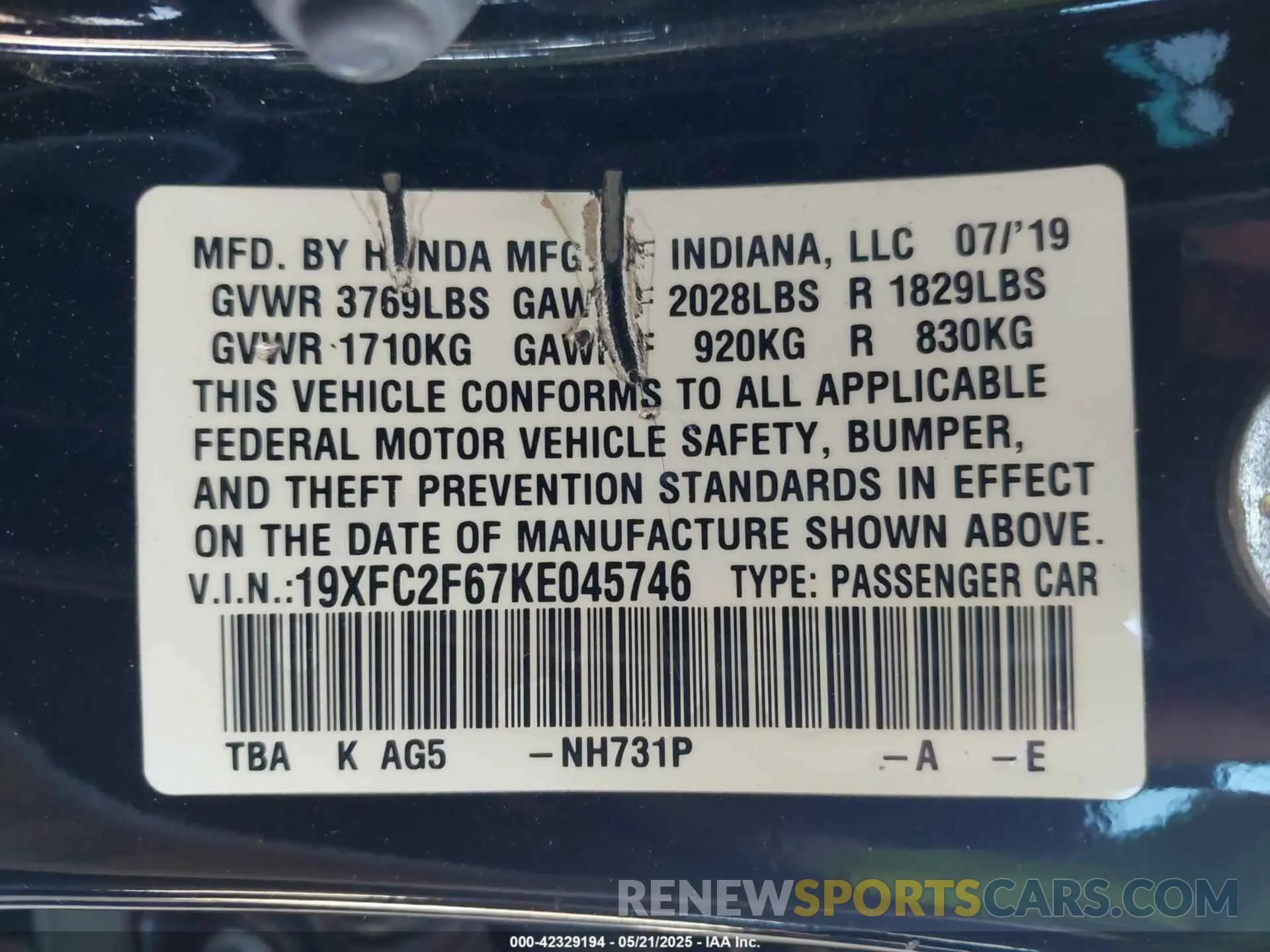 9 Photograph of a damaged car 19XFC2F67KE045746 HONDA CIVIC 2019