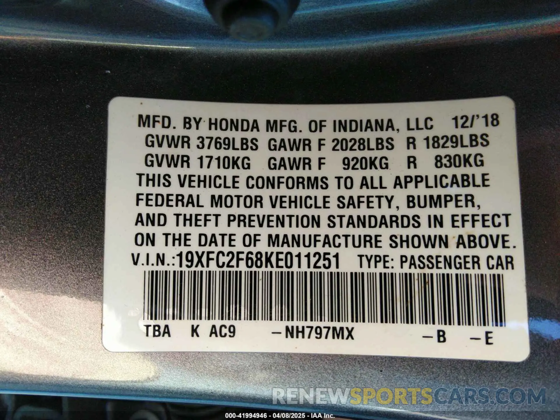 9 Photograph of a damaged car 19XFC2F68KE011251 HONDA CIVIC 2019