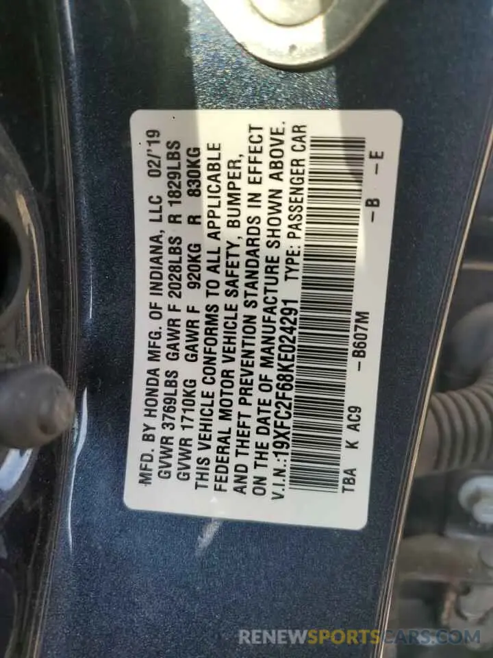 12 Photograph of a damaged car 19XFC2F68KE024291 HONDA CIVIC 2019