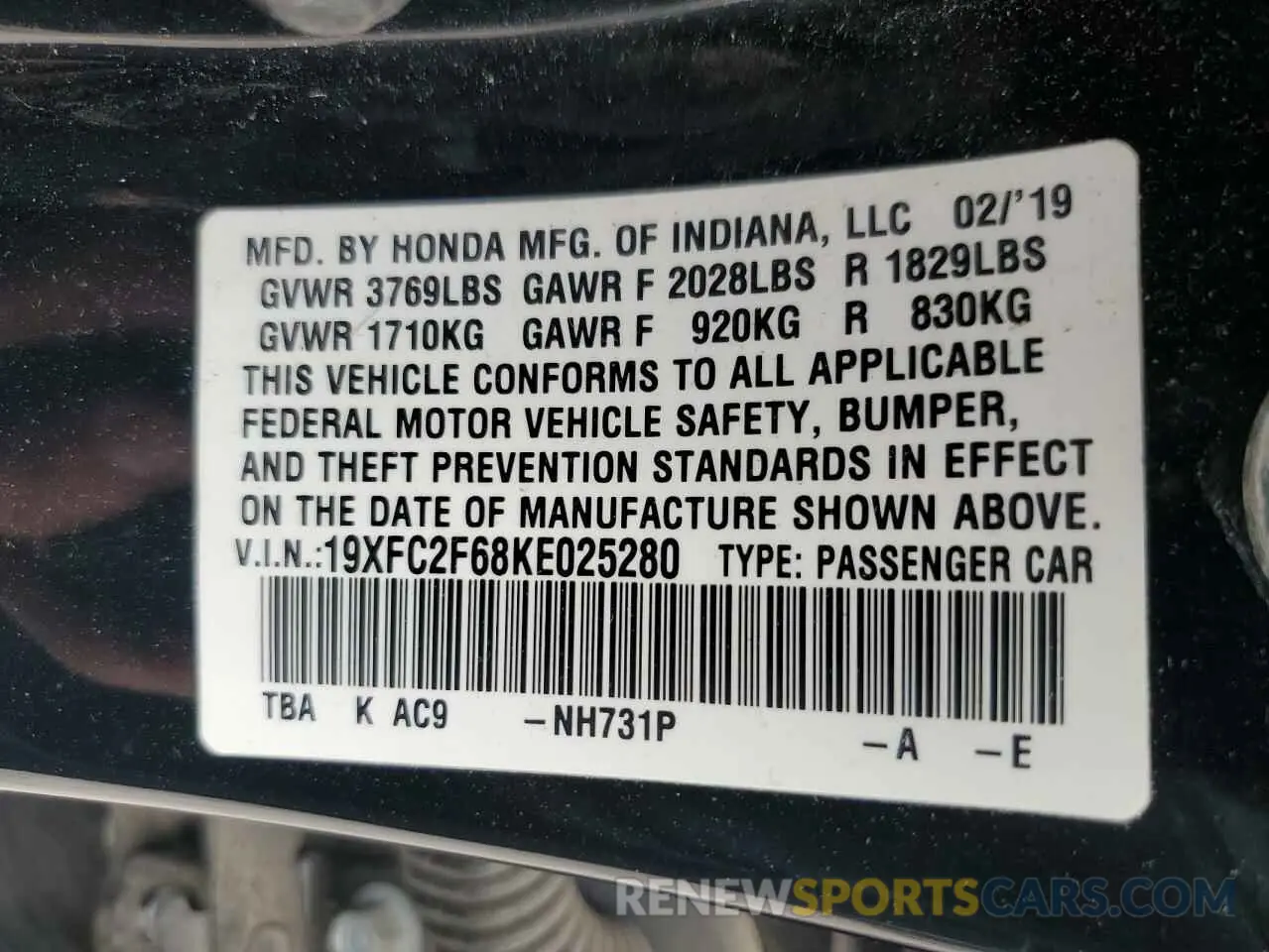 12 Photograph of a damaged car 19XFC2F68KE025280 HONDA CIVIC 2019
