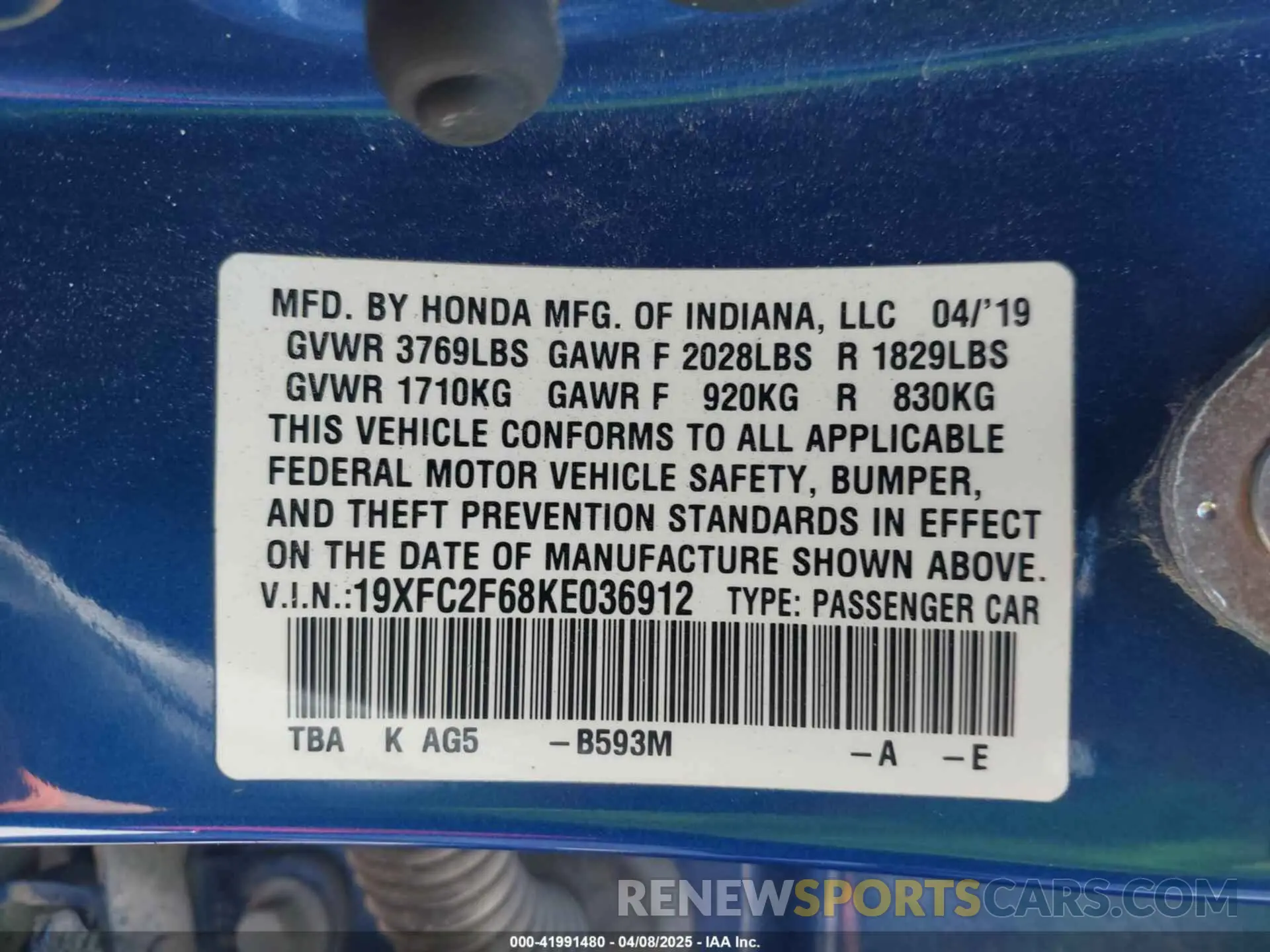 9 Photograph of a damaged car 19XFC2F68KE036912 HONDA CIVIC 2019