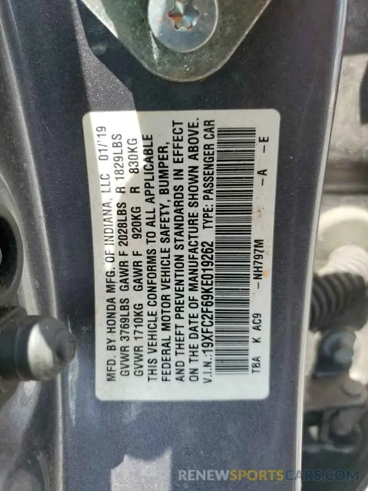 13 Photograph of a damaged car 19XFC2F69KE019262 HONDA CIVIC 2019
