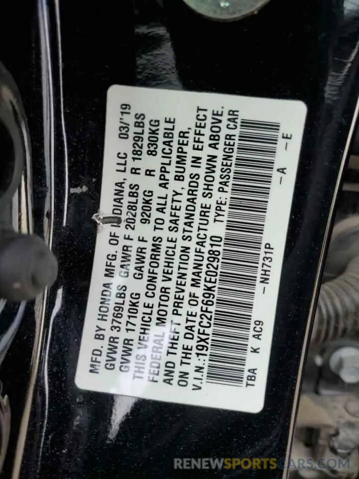 12 Photograph of a damaged car 19XFC2F69KE029810 HONDA CIVIC 2019