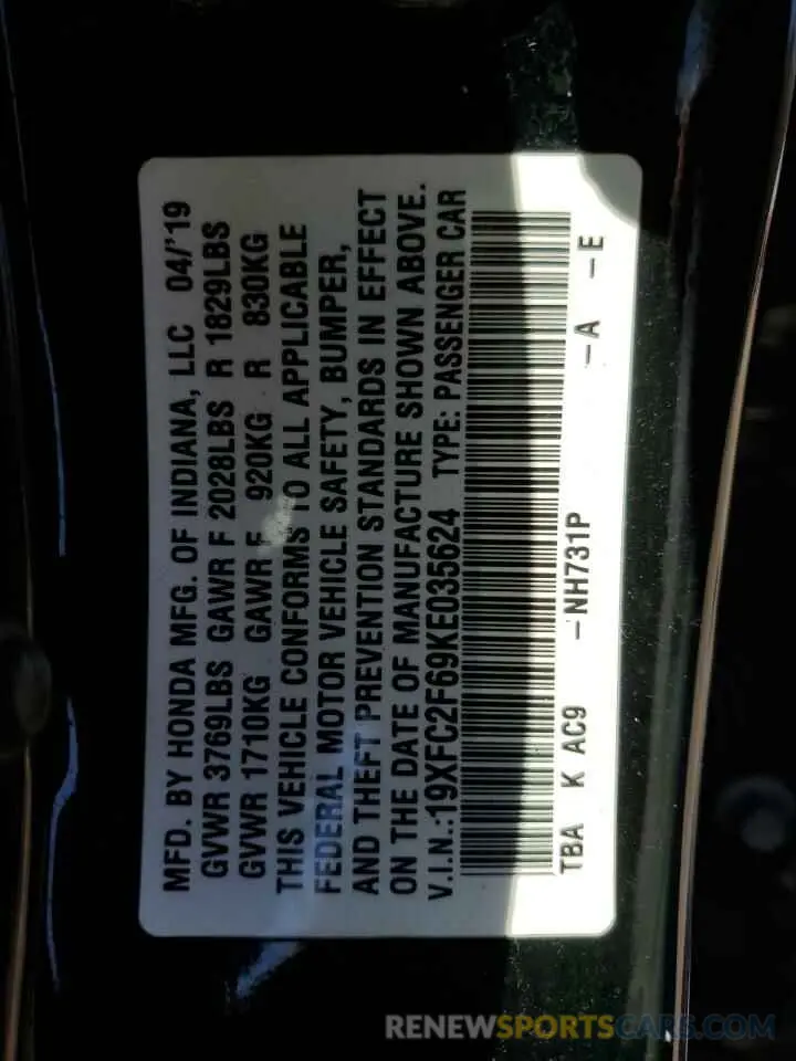 15 Photograph of a damaged car 19XFC2F69KE035624 HONDA CIVIC 2019