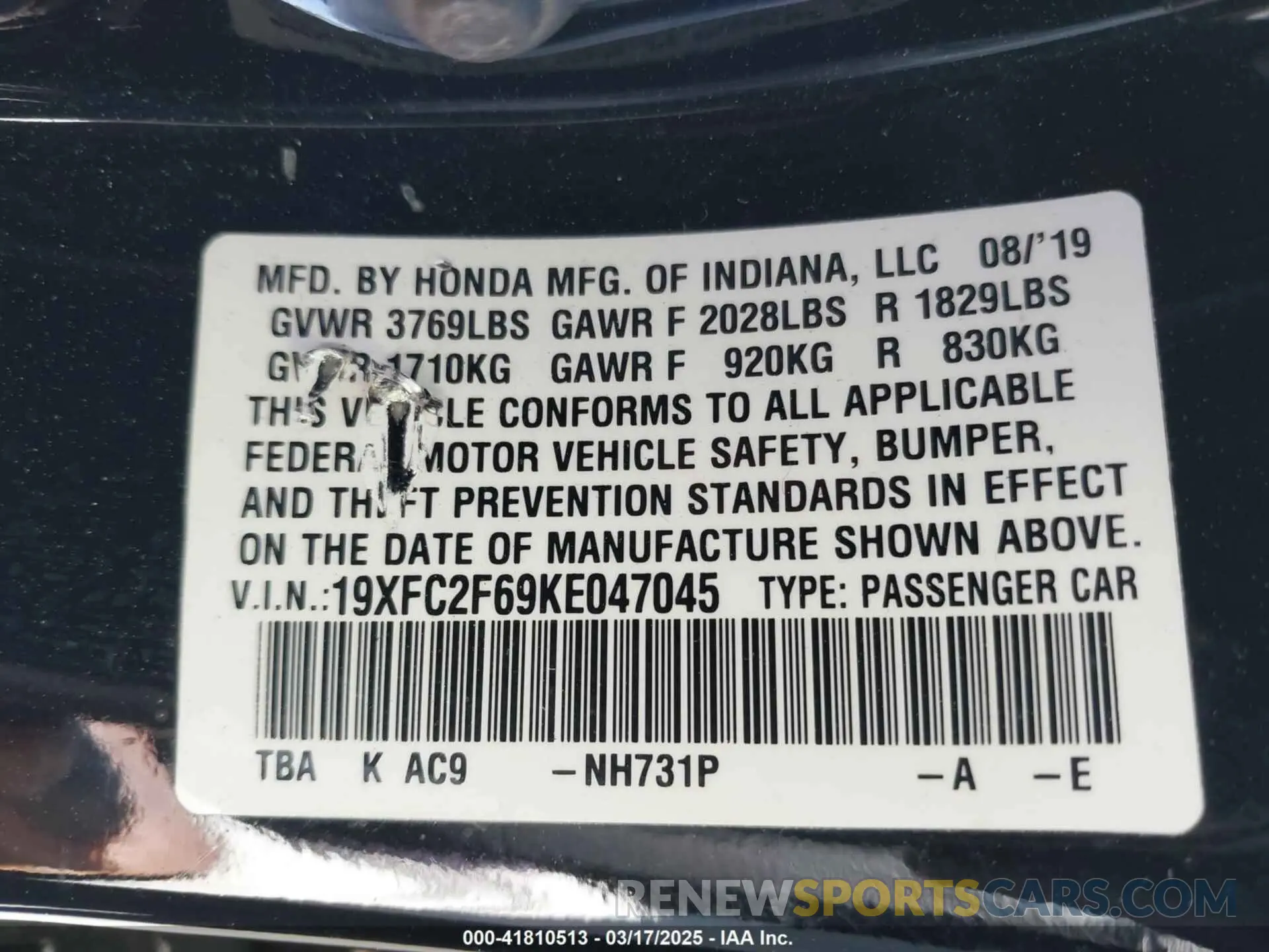 9 Photograph of a damaged car 19XFC2F69KE047045 HONDA CIVIC 2019