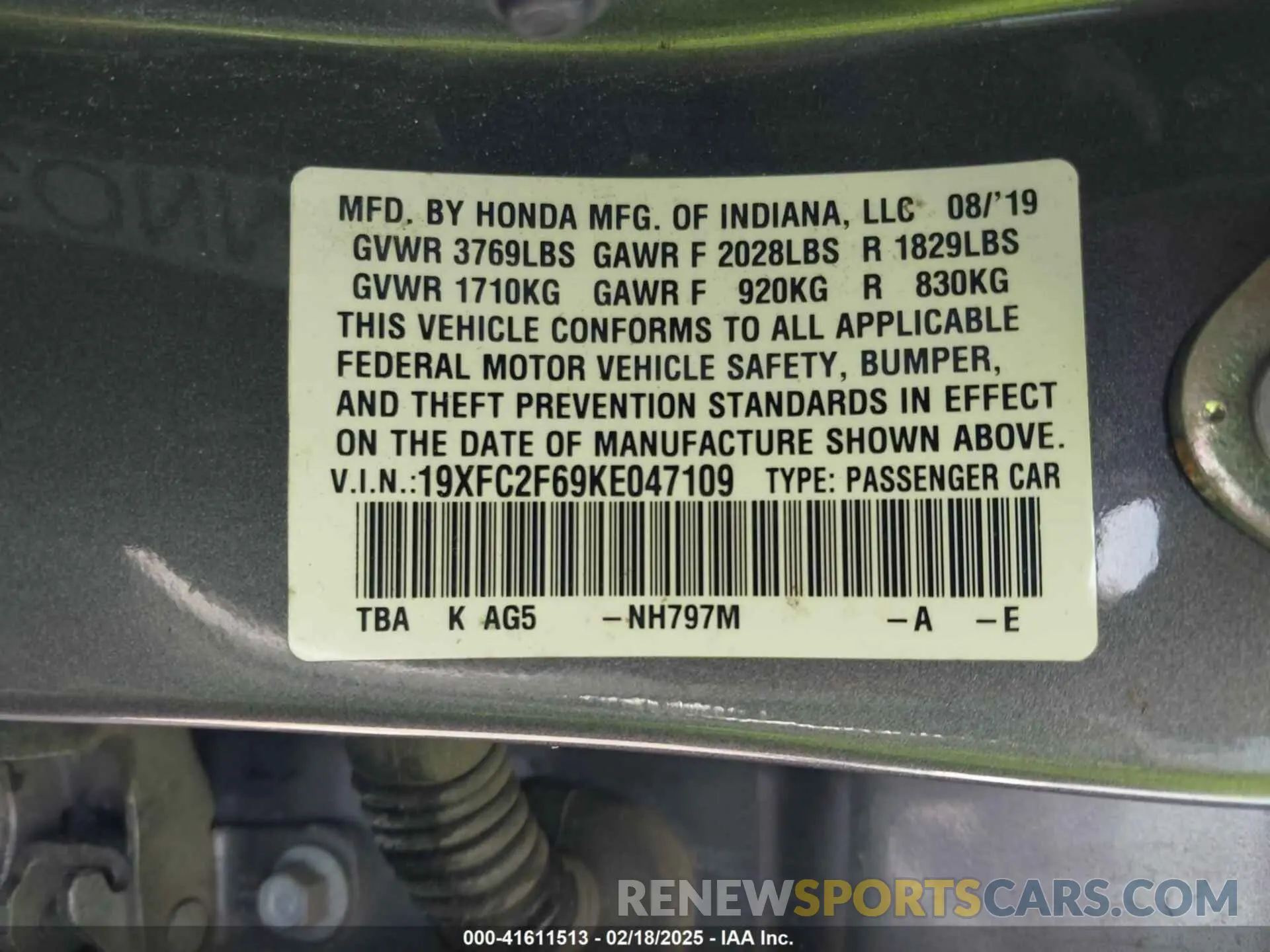 9 Photograph of a damaged car 19XFC2F69KE047109 HONDA CIVIC 2019
