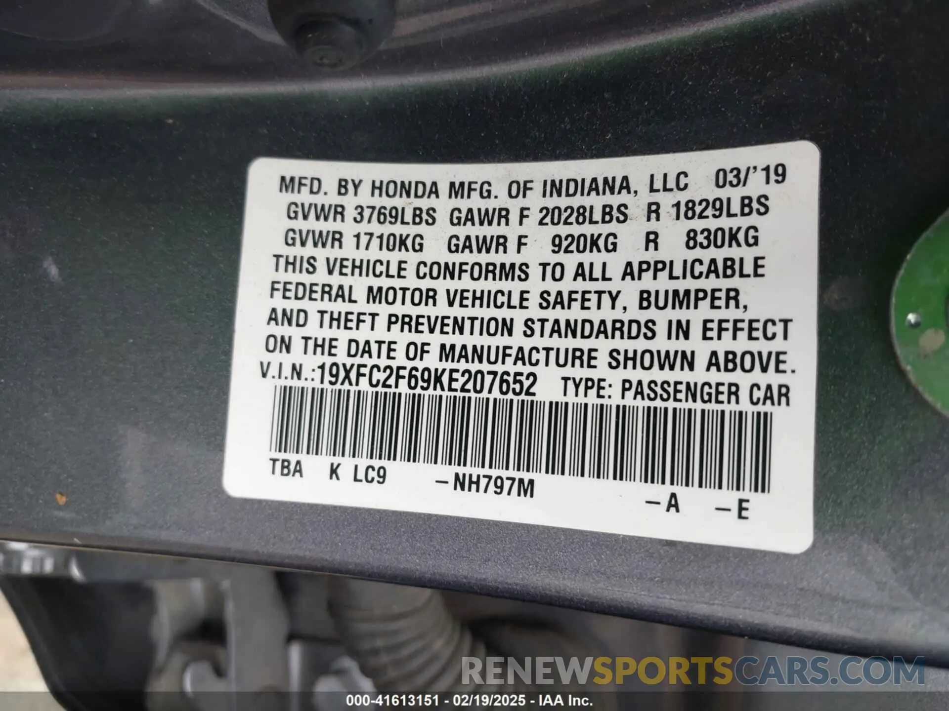 9 Photograph of a damaged car 19XFC2F69KE207652 HONDA CIVIC 2019