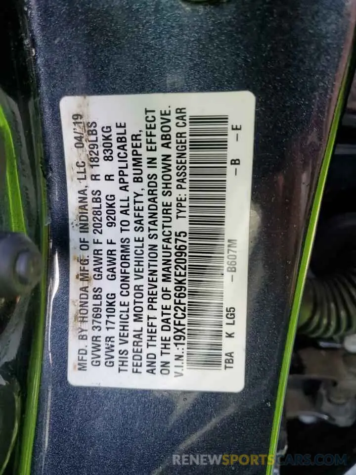 12 Photograph of a damaged car 19XFC2F69KE209675 HONDA CIVIC 2019