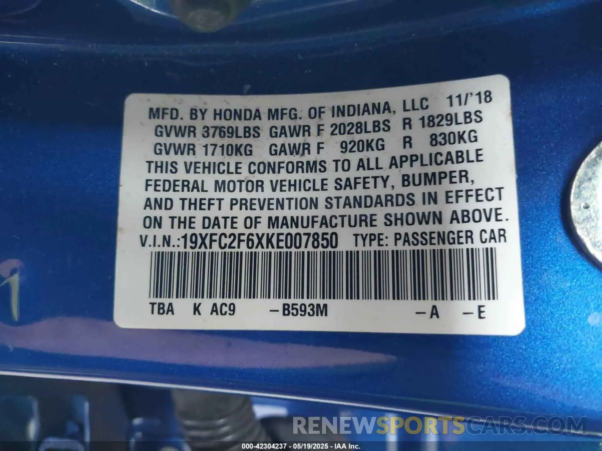 9 Photograph of a damaged car 19XFC2F6XKE007850 HONDA CIVIC 2019