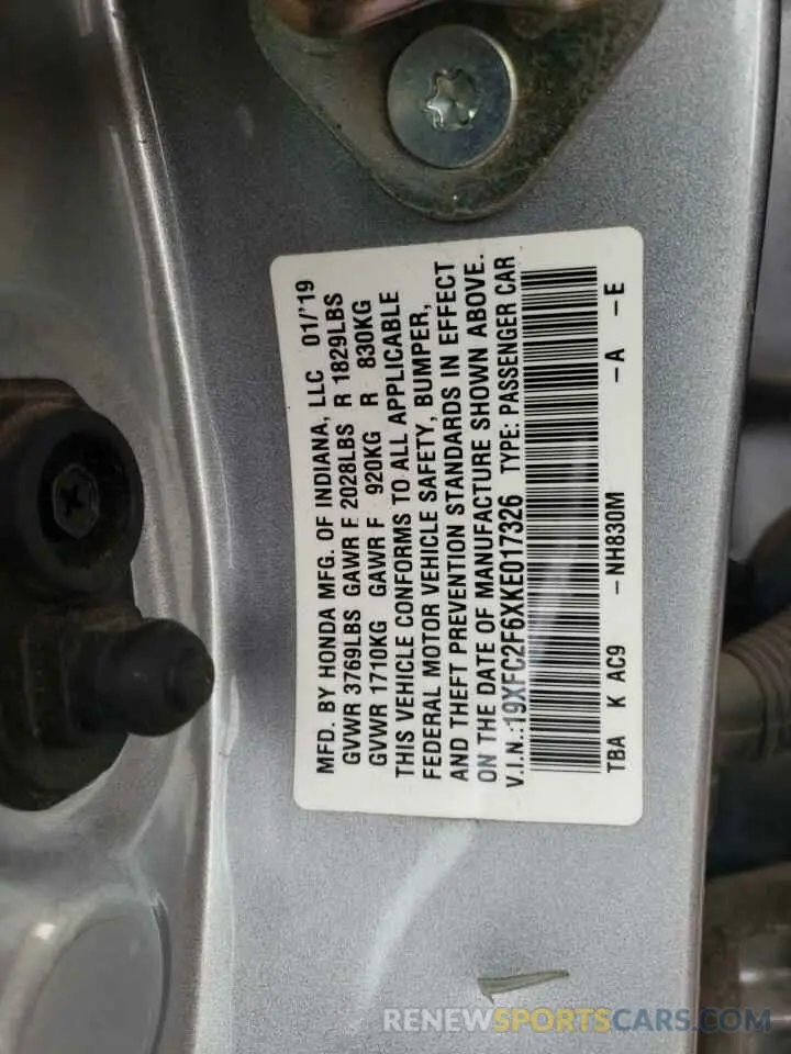 12 Photograph of a damaged car 19XFC2F6XKE017326 HONDA CIVIC 2019