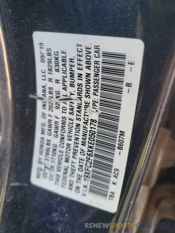 14 Photograph of a damaged car 19XFC2F6XKE050178 HONDA CIVIC 2019