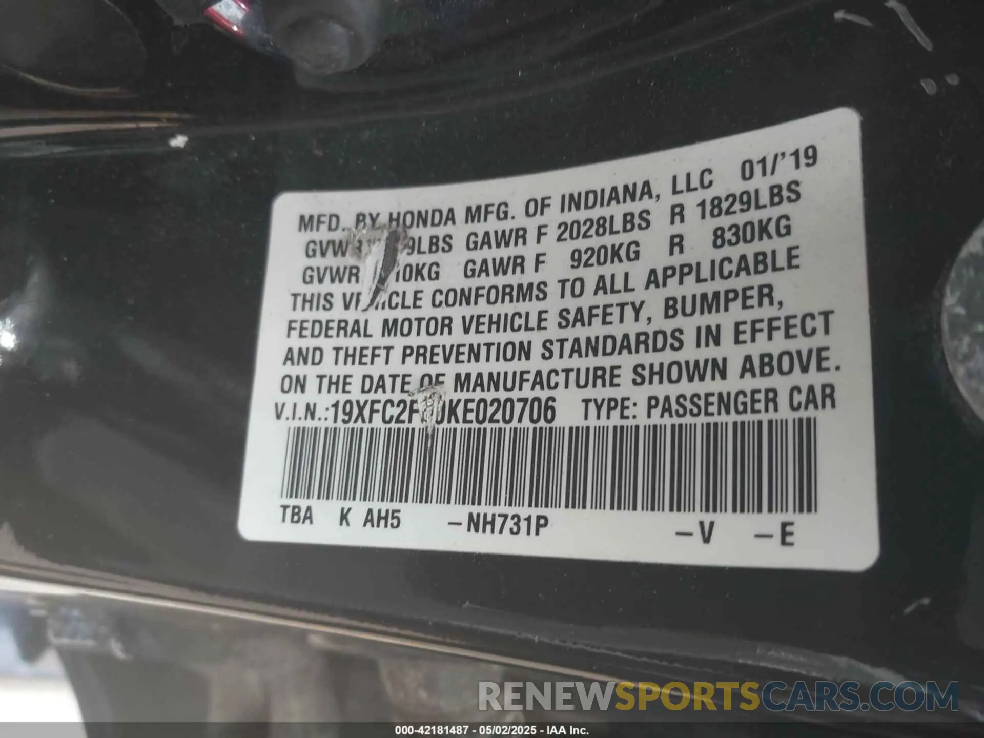 9 Photograph of a damaged car 19XFC2F80KE020706 HONDA CIVIC 2019