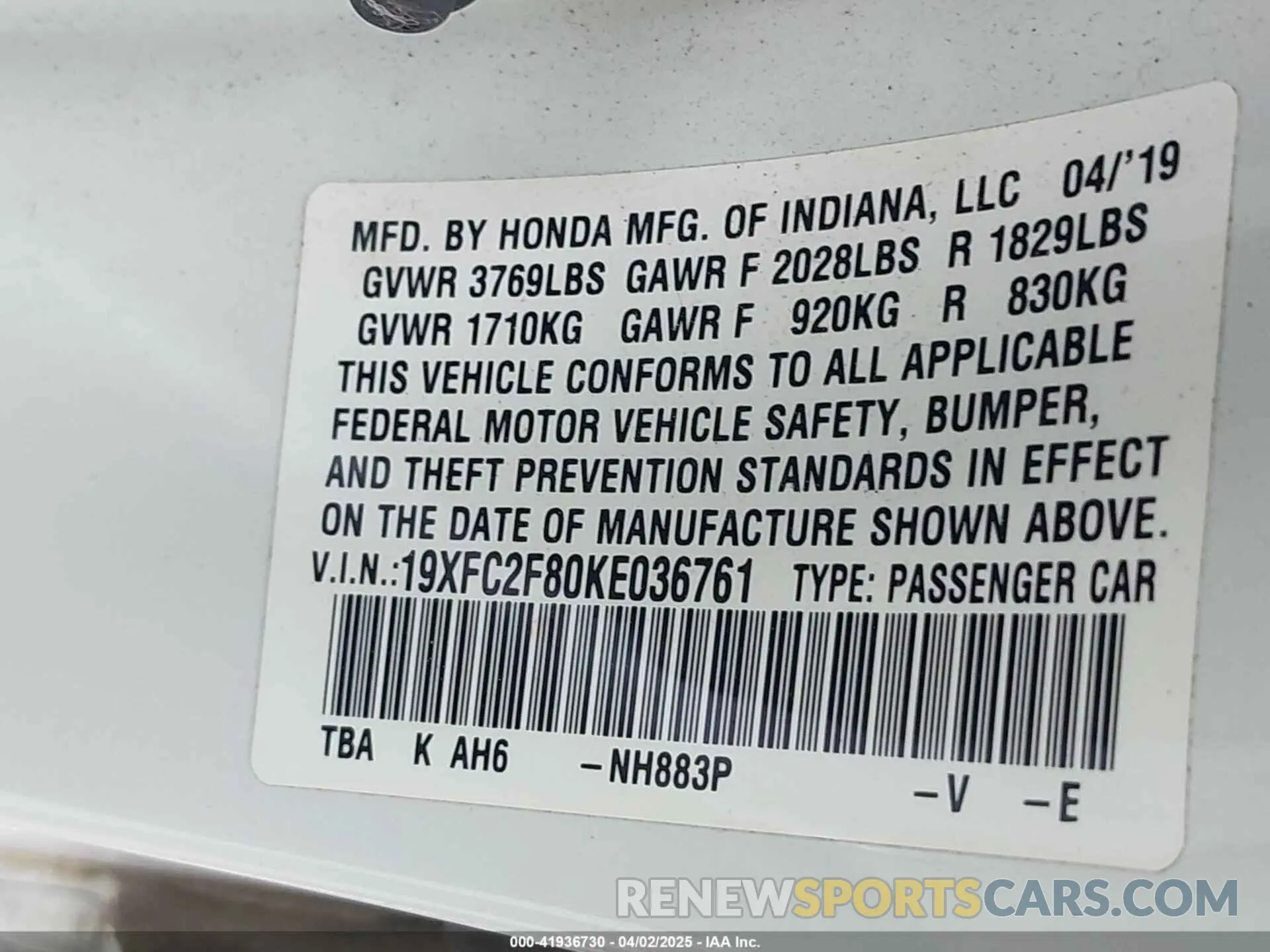 9 Photograph of a damaged car 19XFC2F80KE036761 HONDA CIVIC 2019