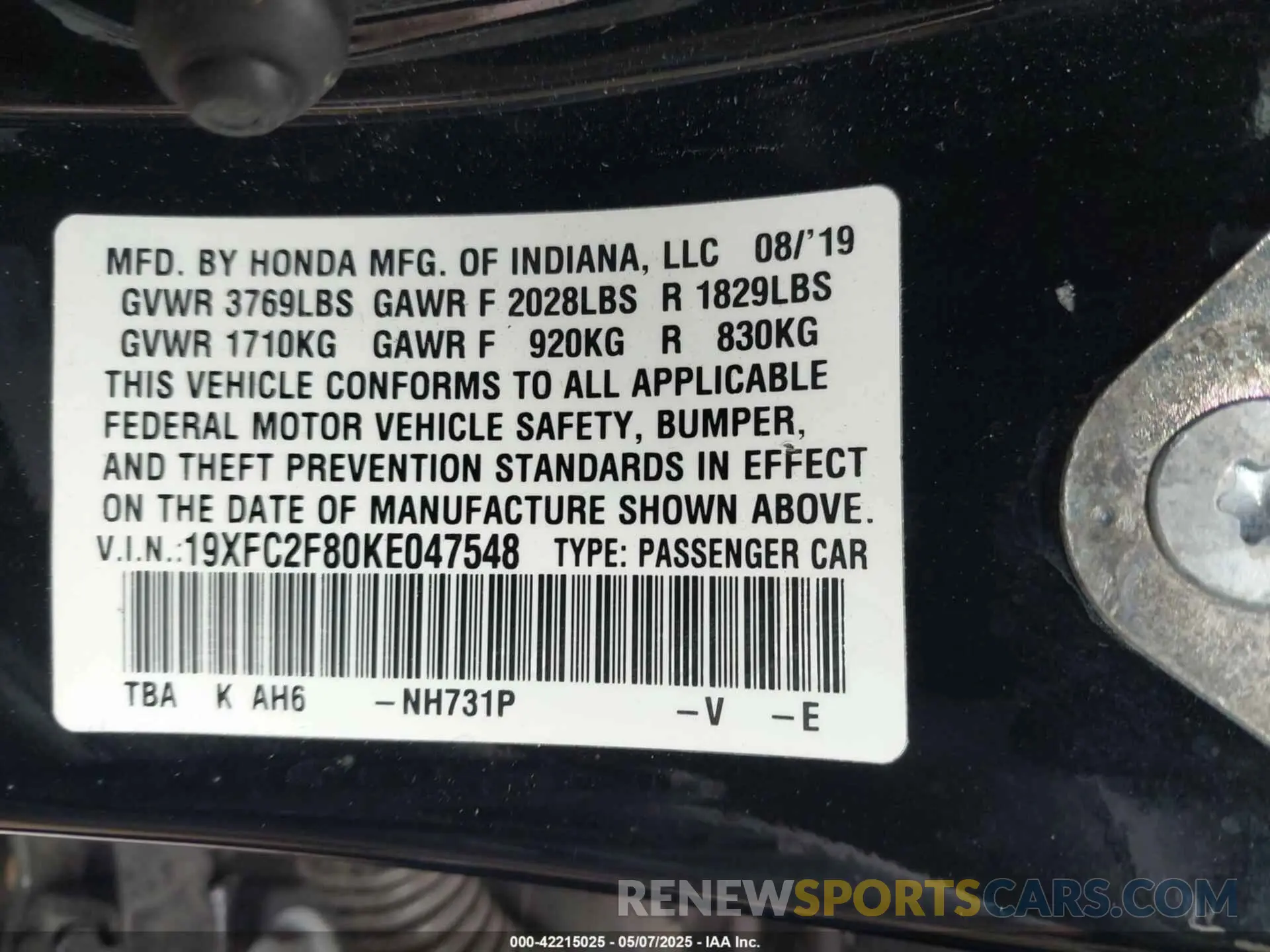 9 Photograph of a damaged car 19XFC2F80KE047548 HONDA CIVIC 2019