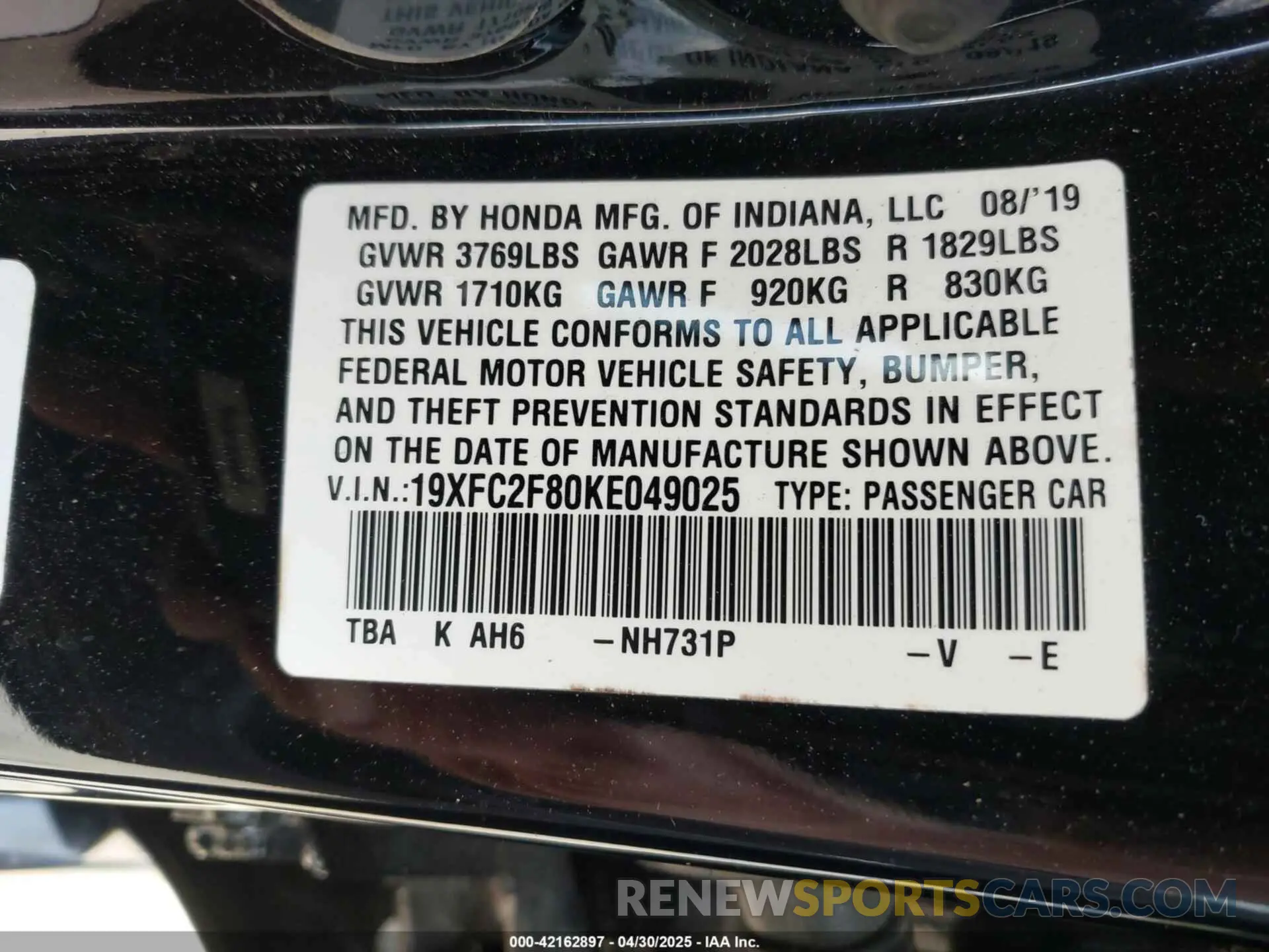 9 Photograph of a damaged car 19XFC2F80KE049025 HONDA CIVIC 2019