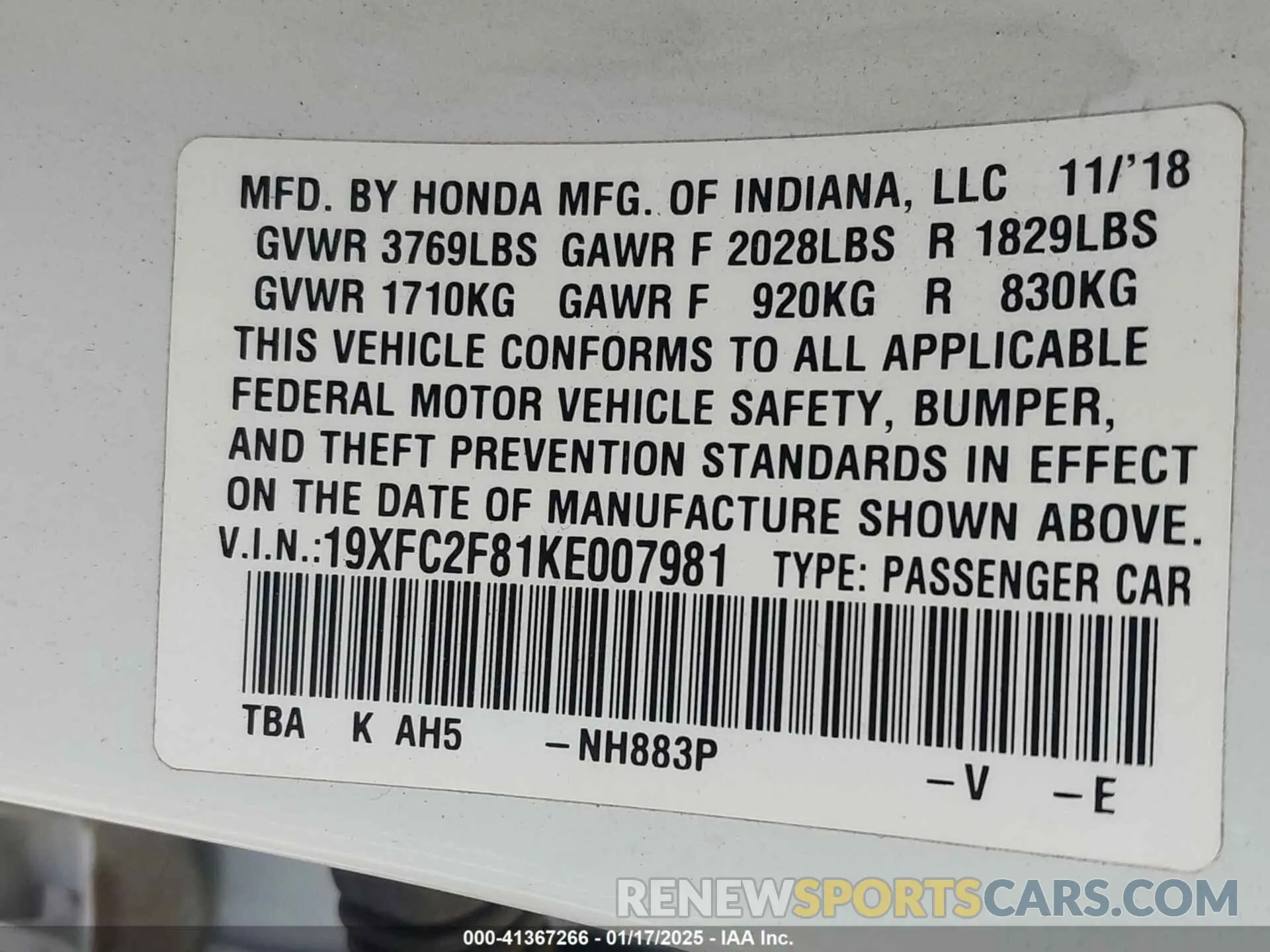 9 Photograph of a damaged car 19XFC2F81KE007981 HONDA CIVIC 2019