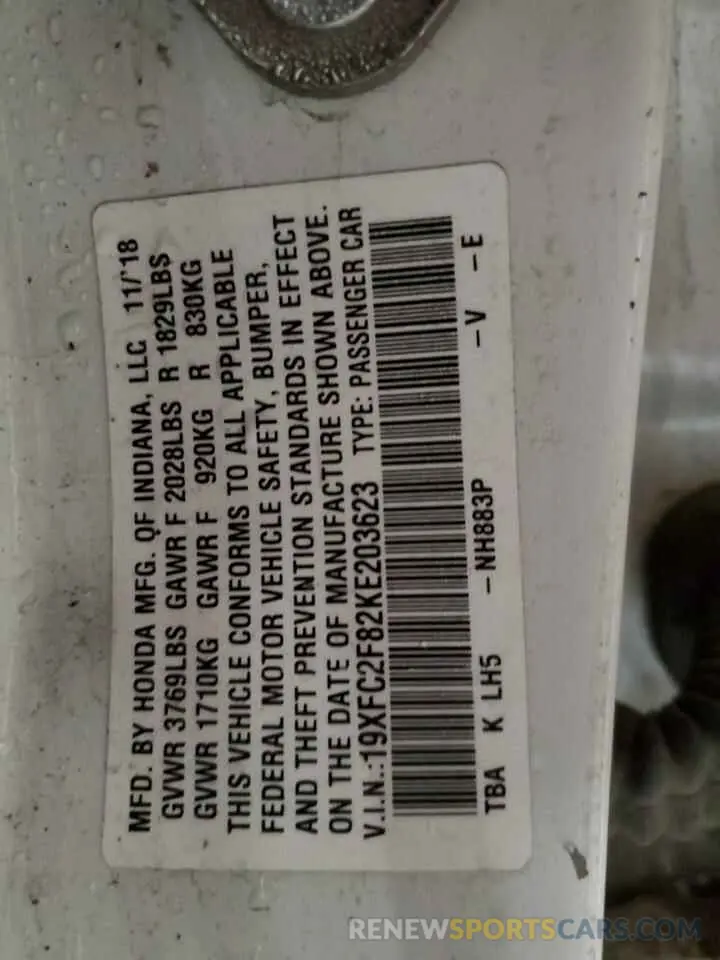 13 Photograph of a damaged car 19XFC2F82KE203623 HONDA CIVIC 2019