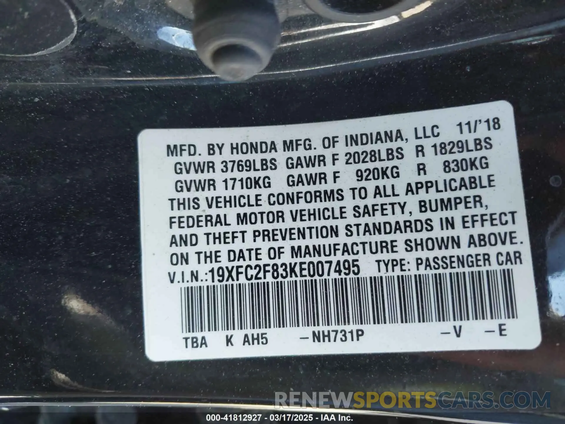 9 Photograph of a damaged car 19XFC2F83KE007495 HONDA CIVIC 2019