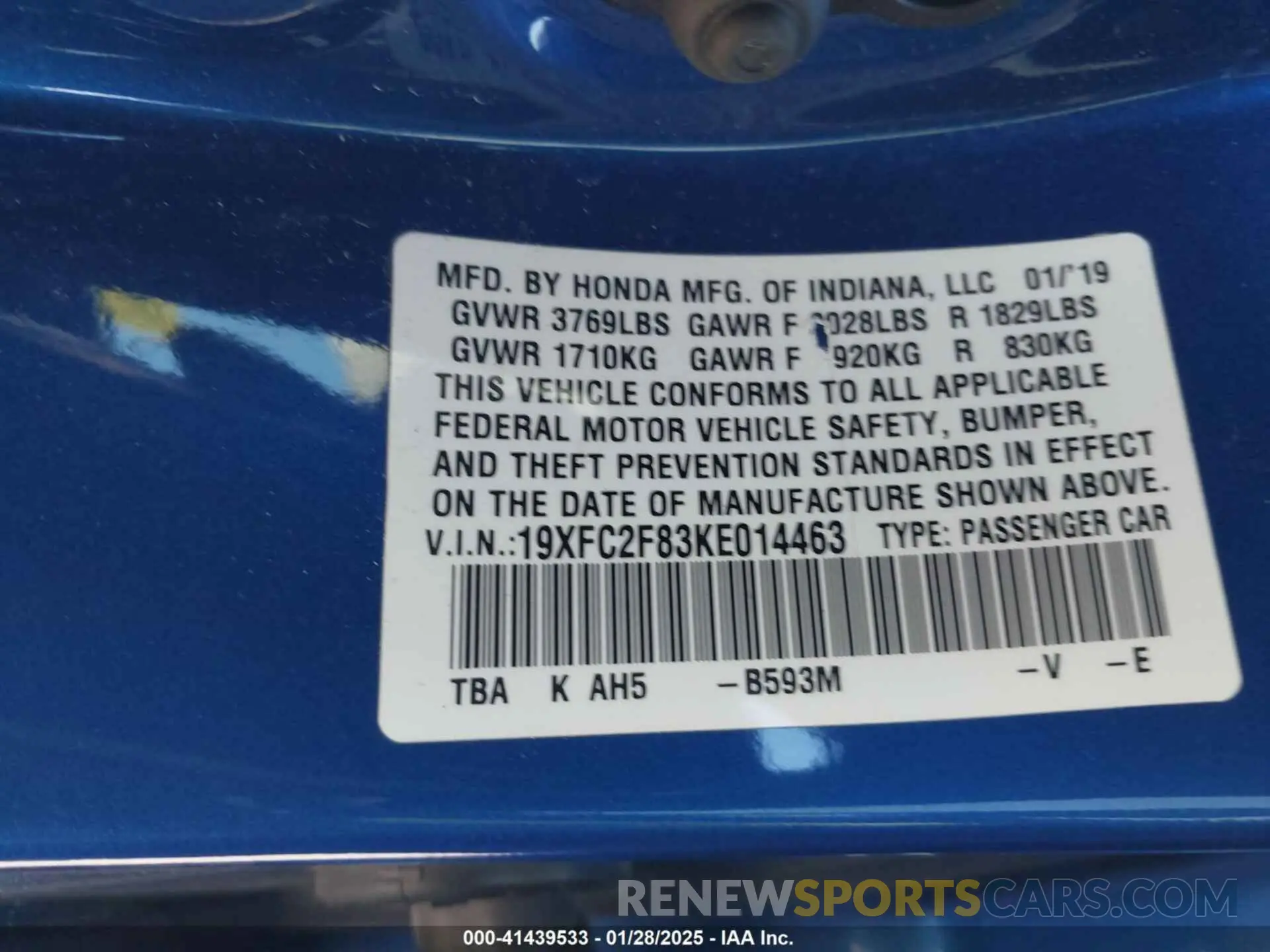 9 Photograph of a damaged car 19XFC2F83KE014463 HONDA CIVIC 2019