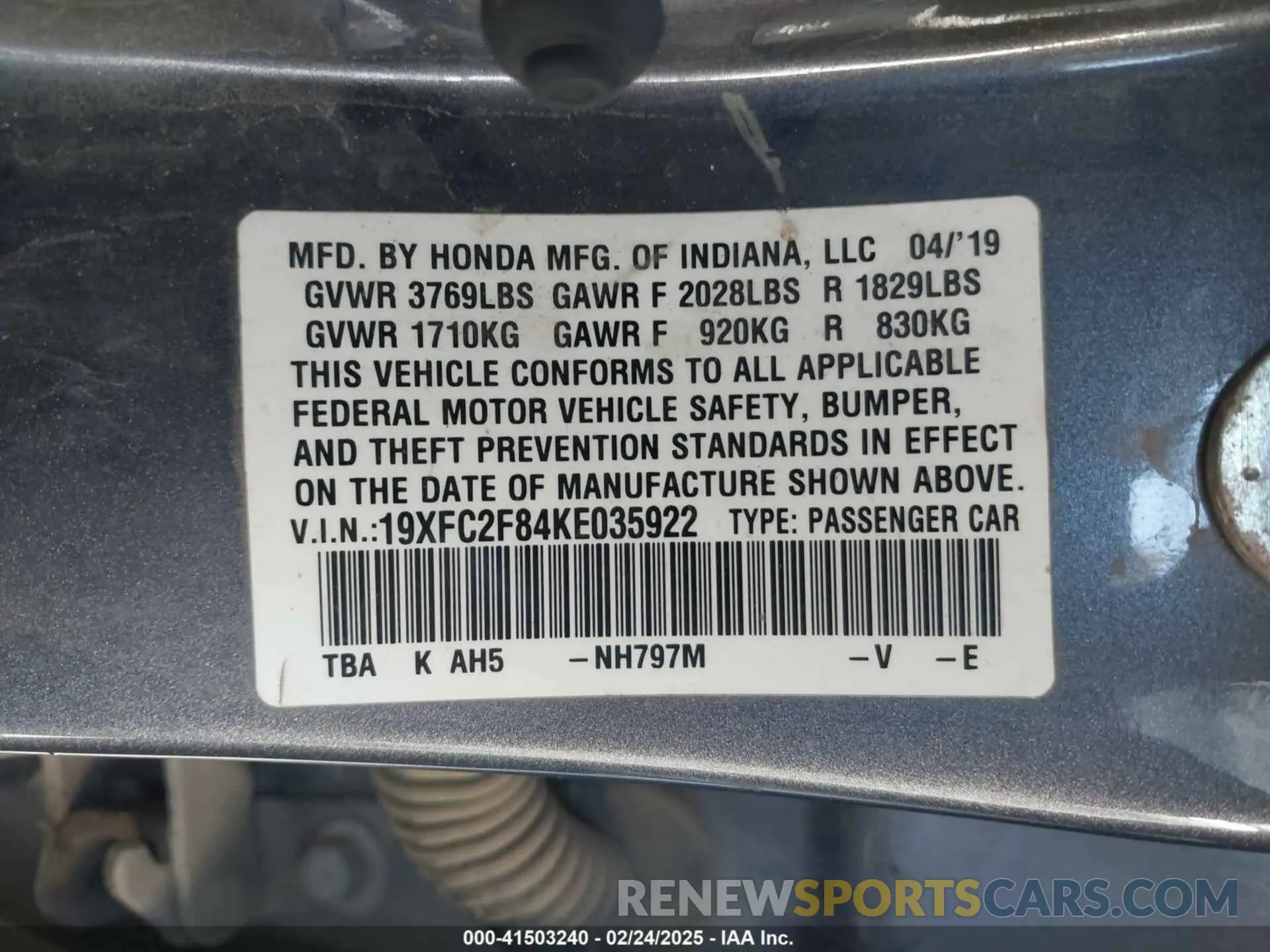 9 Photograph of a damaged car 19XFC2F84KE035922 HONDA CIVIC 2019