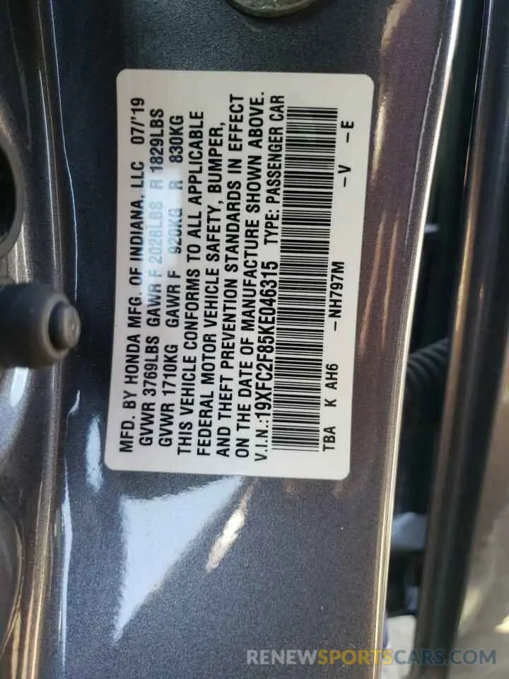 13 Photograph of a damaged car 19XFC2F85KE046315 HONDA CIVIC 2019