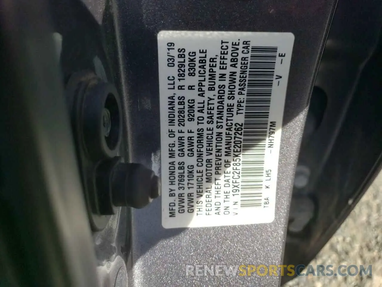 13 Photograph of a damaged car 19XFC2F85KE207262 HONDA CIVIC 2019