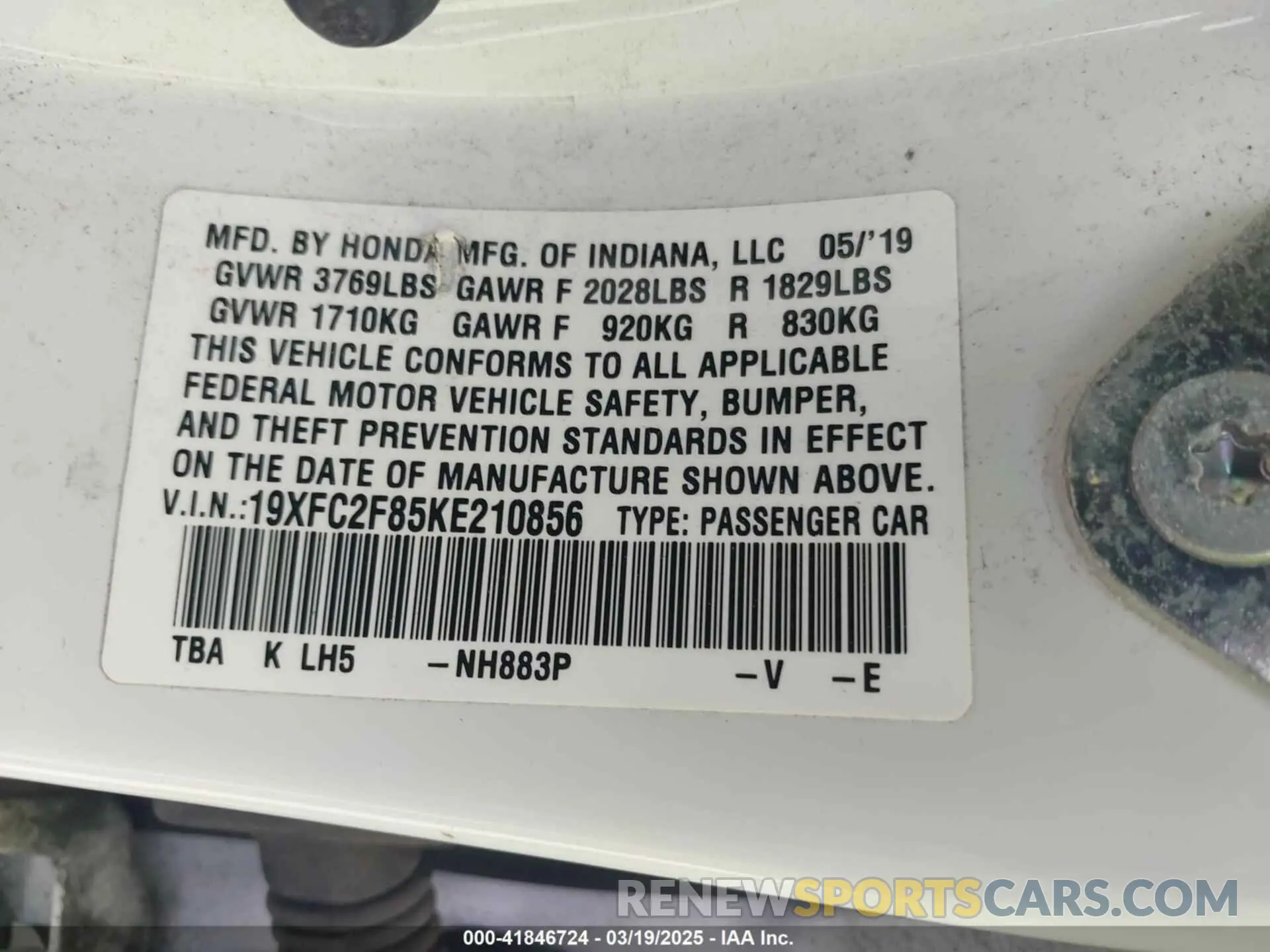 9 Photograph of a damaged car 19XFC2F85KE210856 HONDA CIVIC 2019