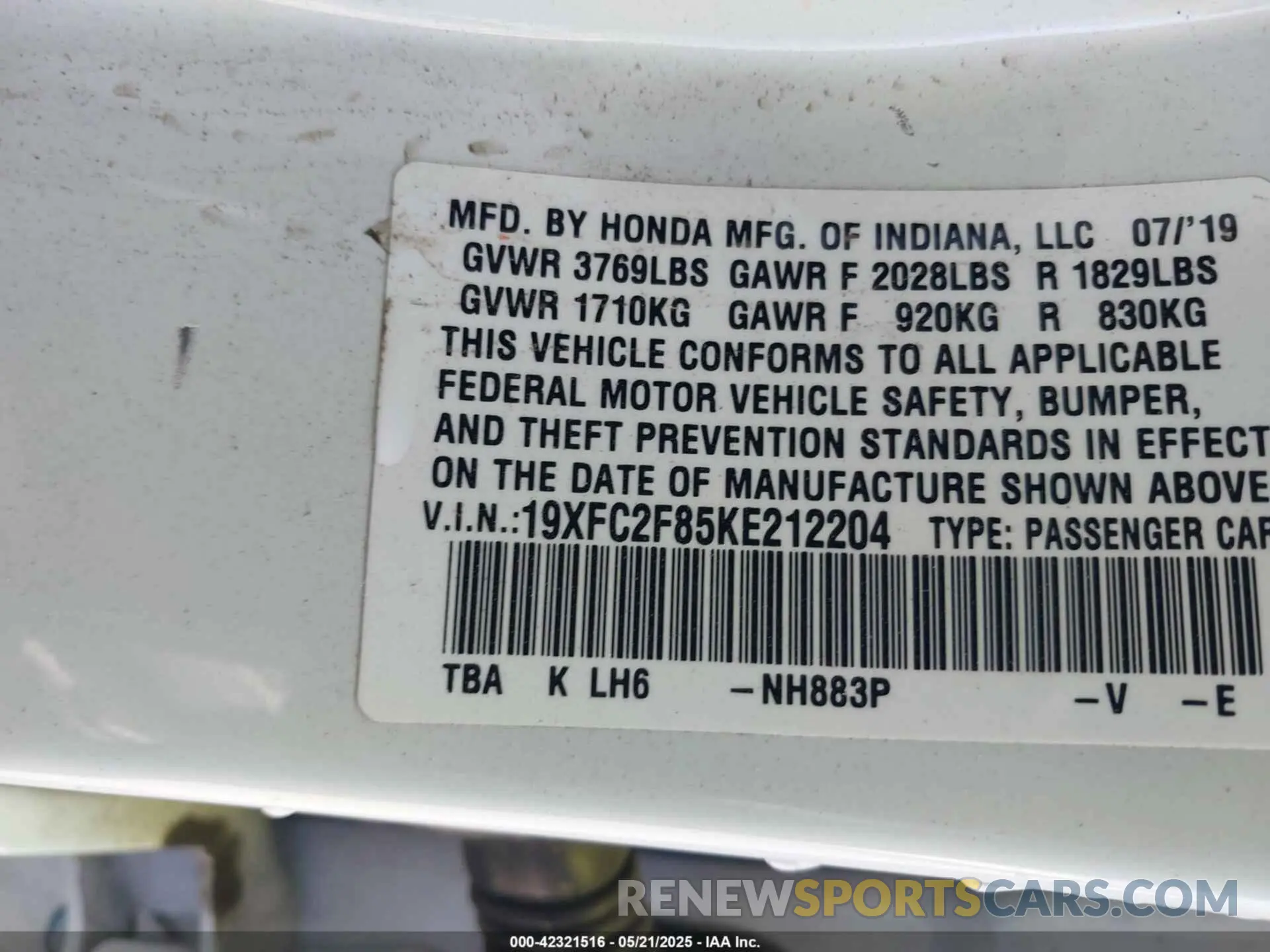 9 Photograph of a damaged car 19XFC2F85KE212204 HONDA CIVIC 2019