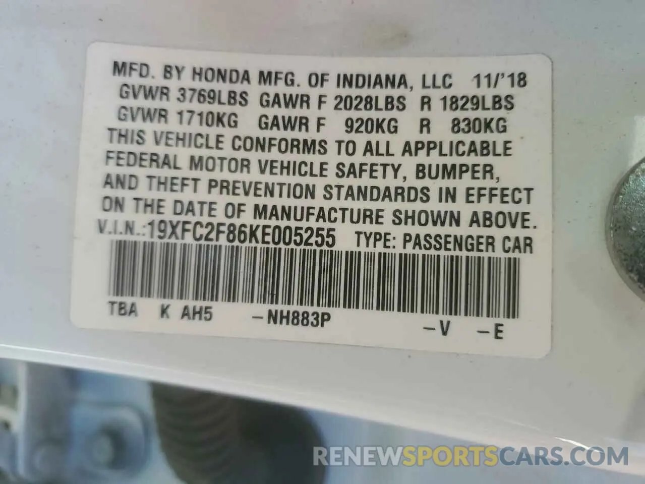 12 Photograph of a damaged car 19XFC2F86KE005255 HONDA CIVIC 2019