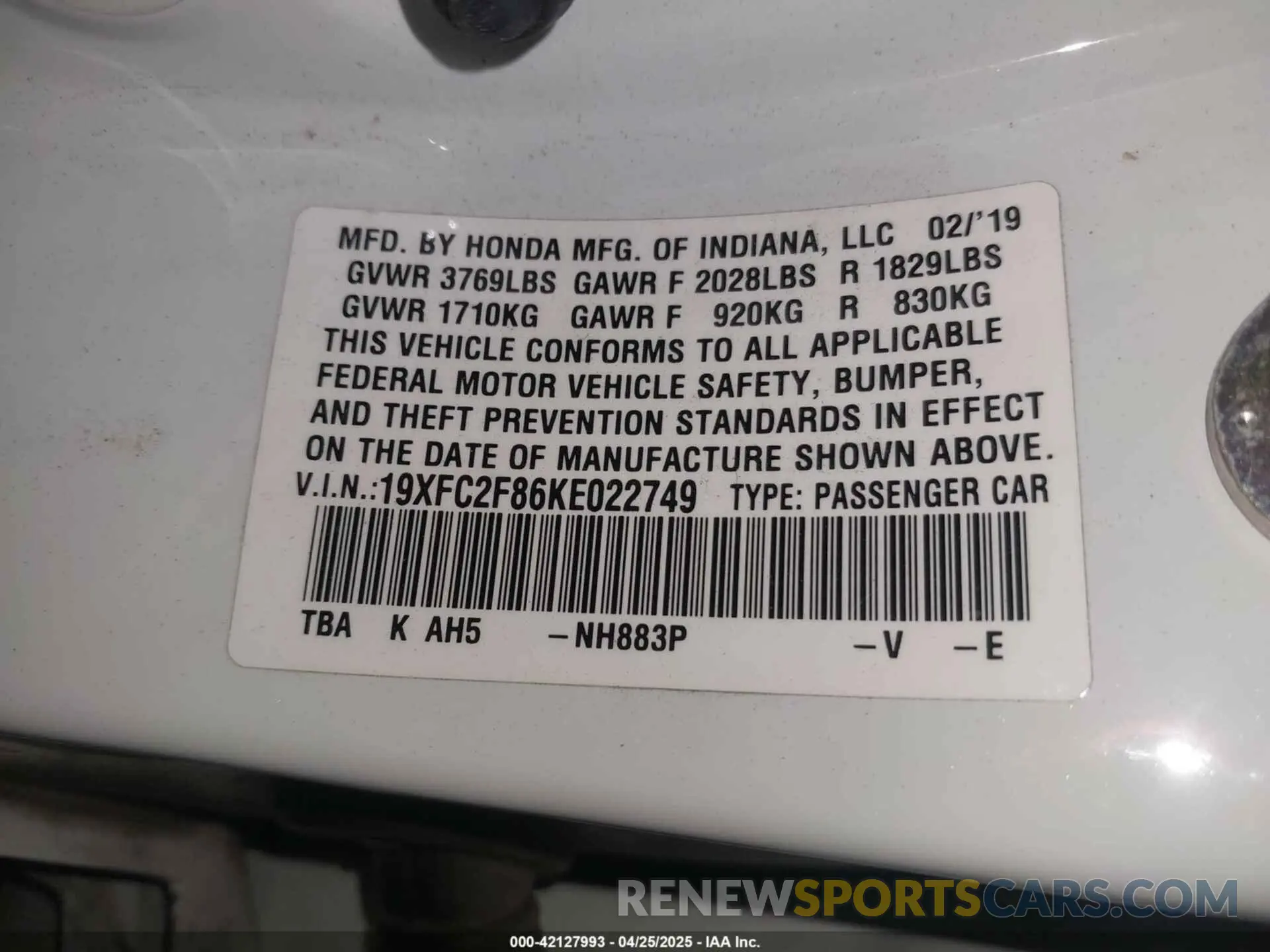 9 Photograph of a damaged car 19XFC2F86KE022749 HONDA CIVIC 2019
