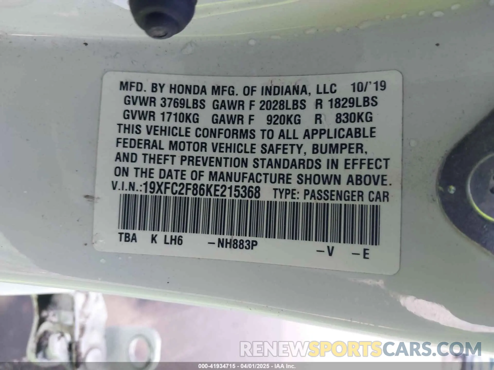 9 Photograph of a damaged car 19XFC2F86KE215368 HONDA CIVIC 2019