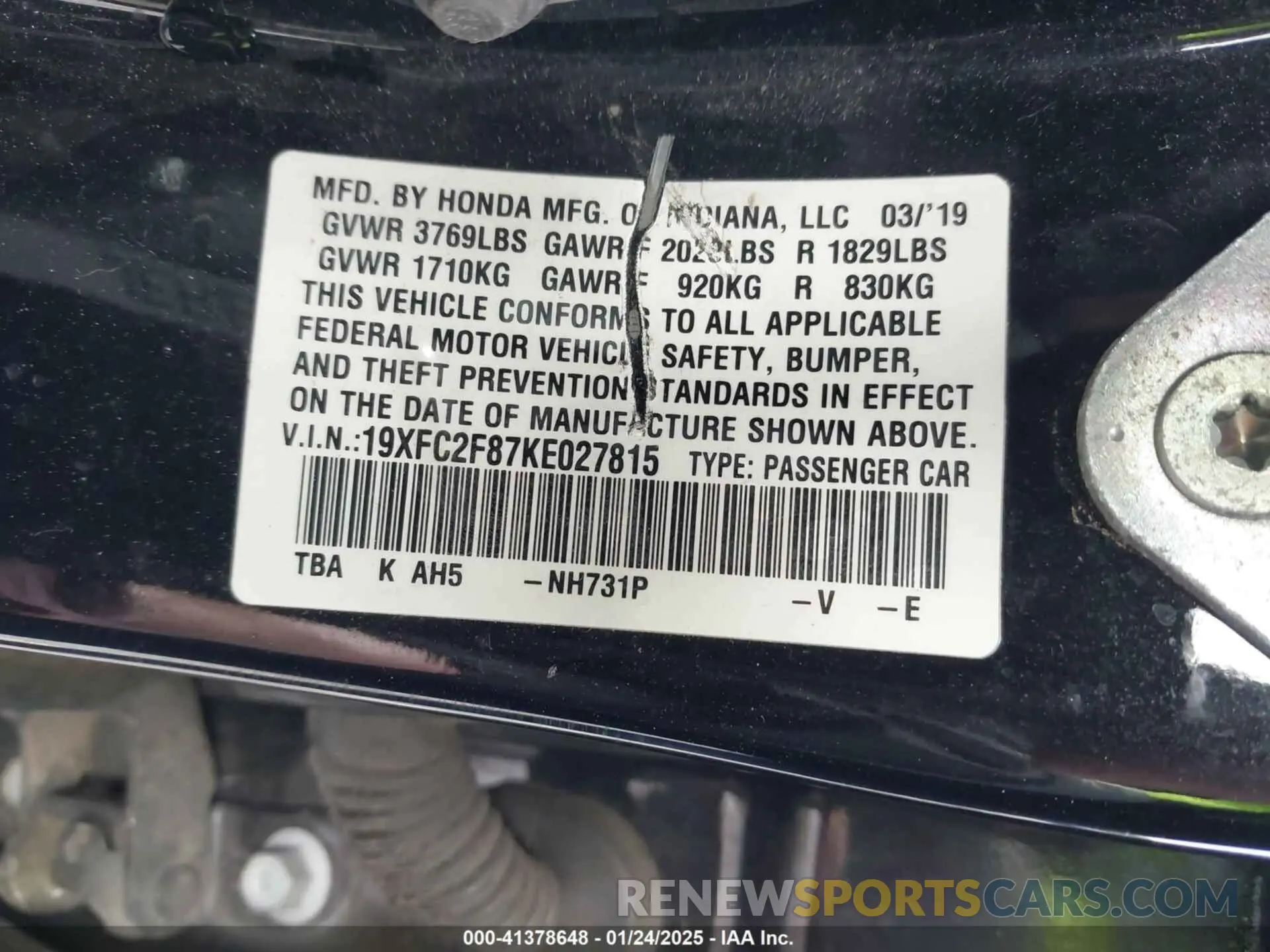 9 Photograph of a damaged car 19XFC2F87KE027815 HONDA CIVIC 2019