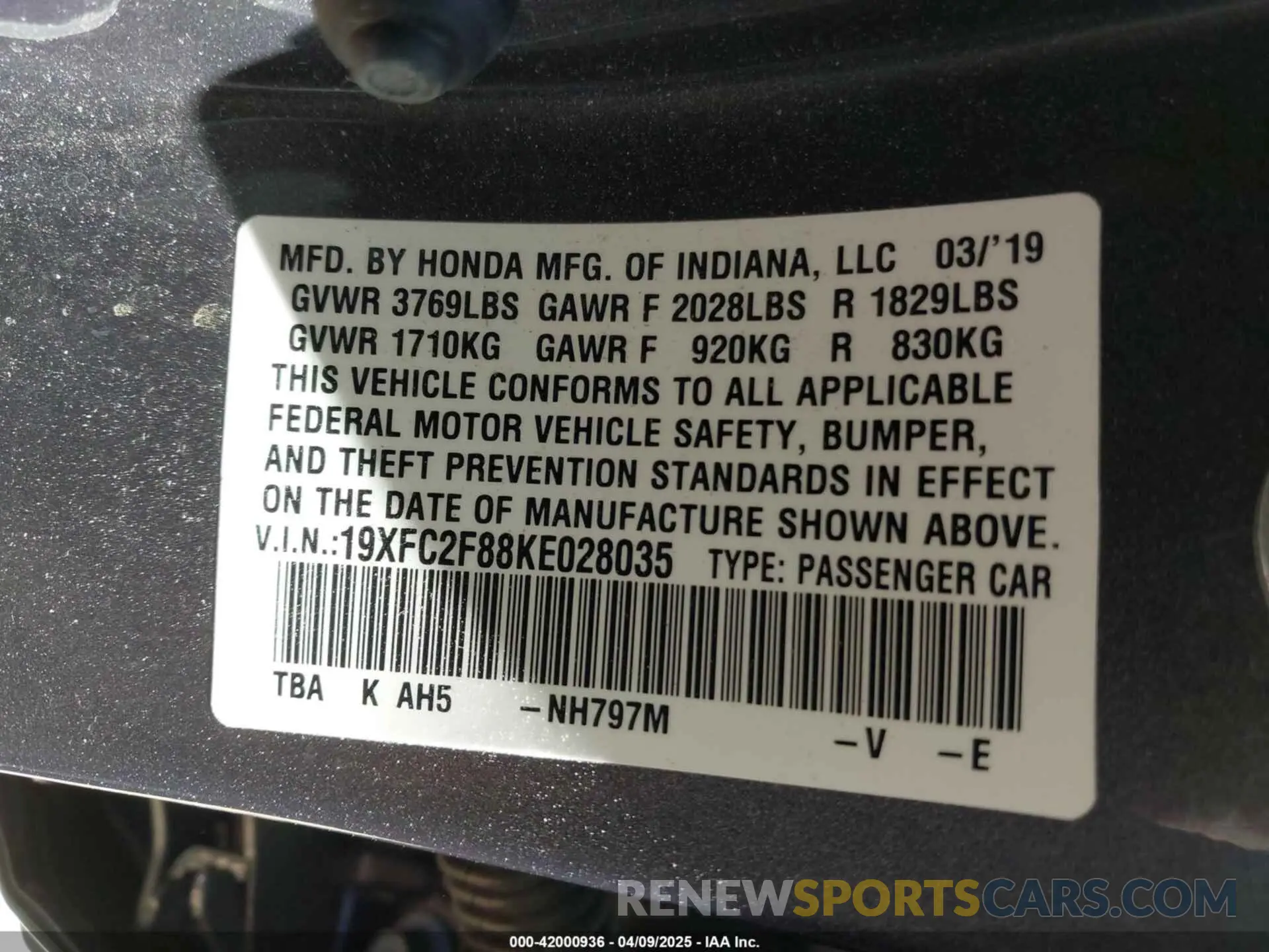 9 Photograph of a damaged car 19XFC2F88KE028035 HONDA CIVIC 2019